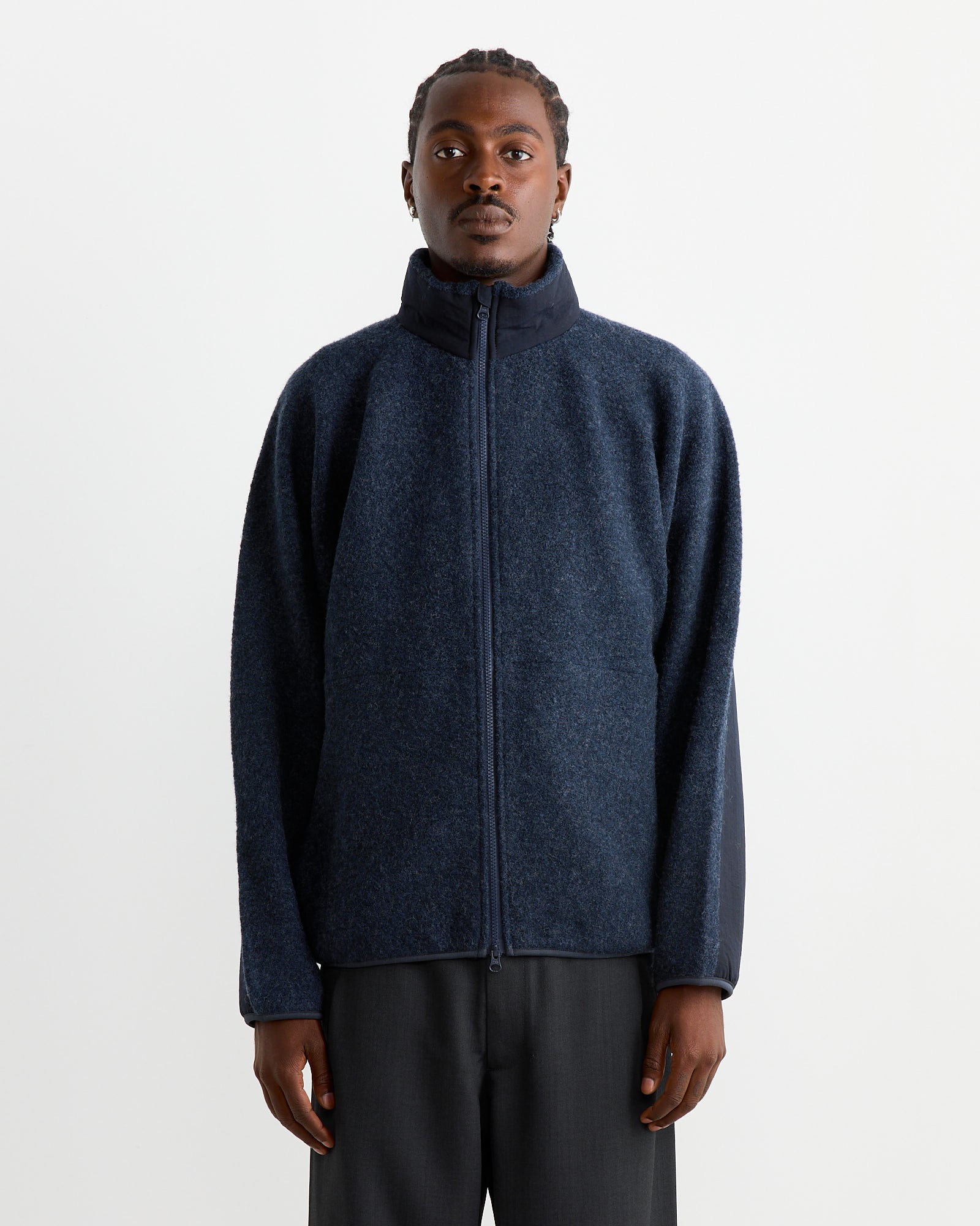 Boiled Wool Zip Up Sweater in Navy