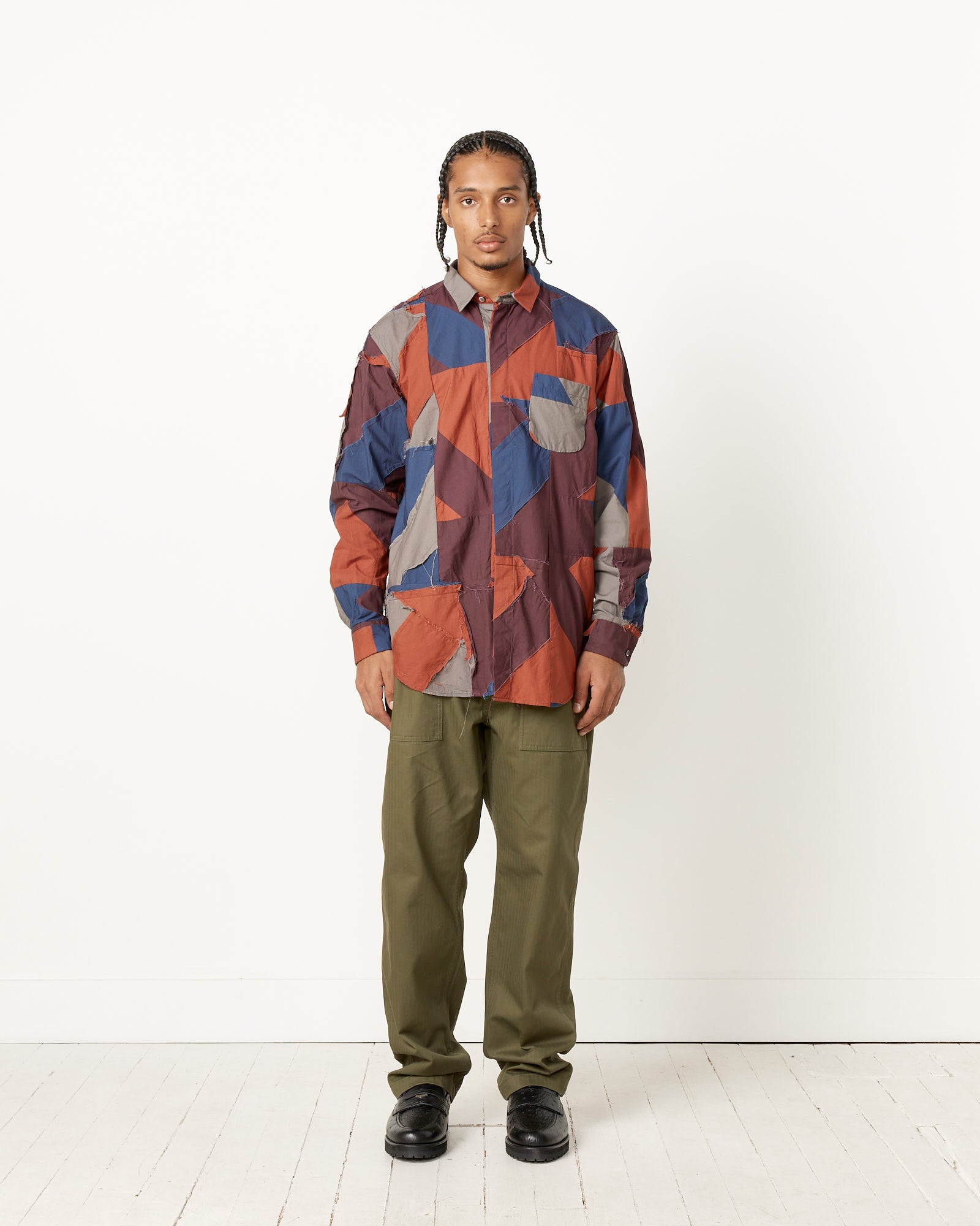 Engineered Garments Patchwork Combo Short Collar Shirt - Burgundy / L (252430)