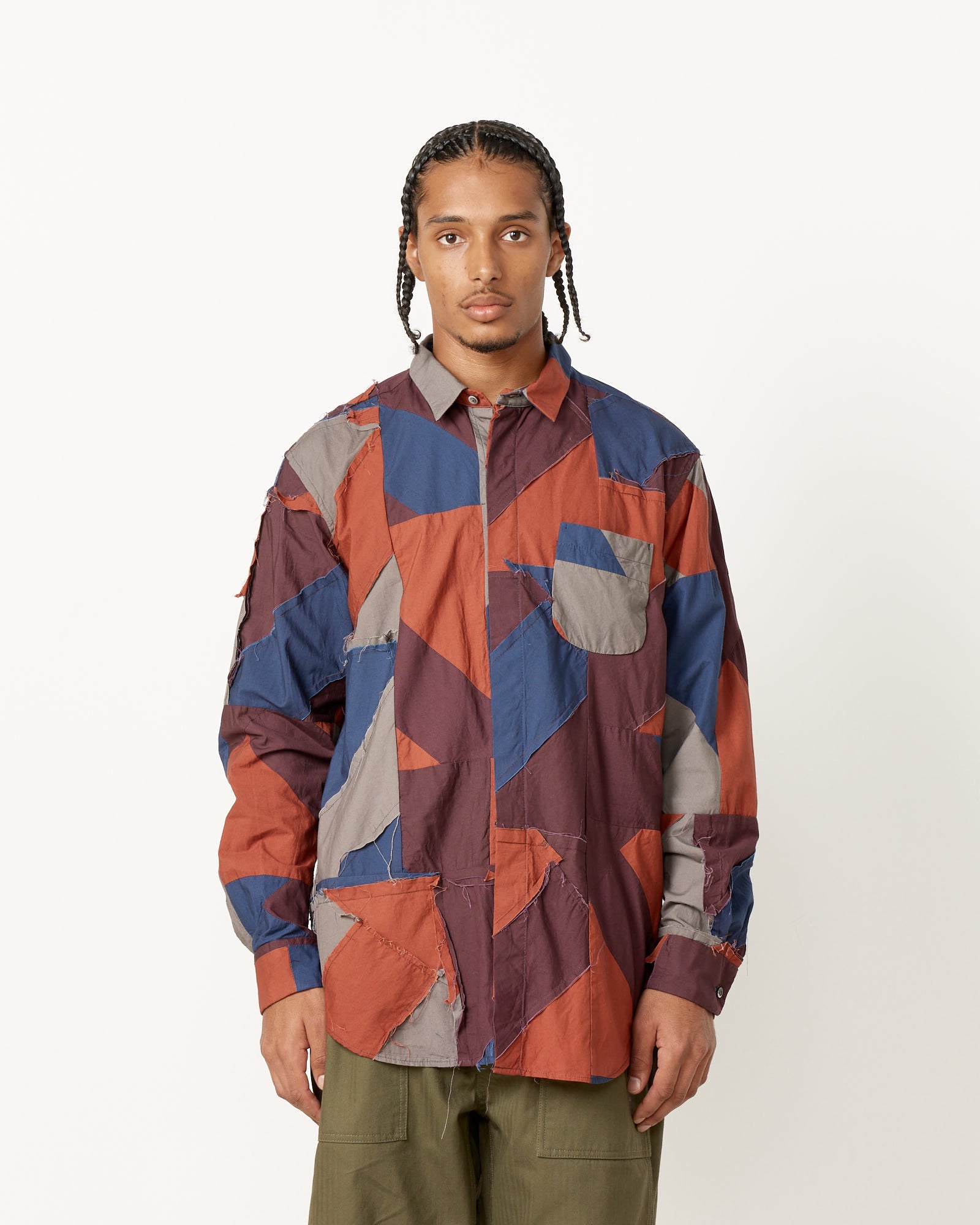 Engineered Garments Patchwork Combo Short Collar Shirt - Burgundy / L (252430)