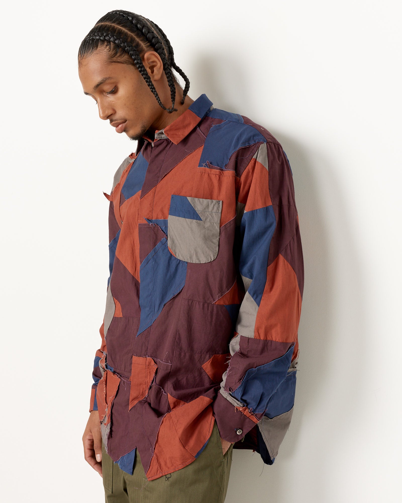 Engineered Garments Patchwork Combo Short Collar Shirt - Burgundy / L (252430)