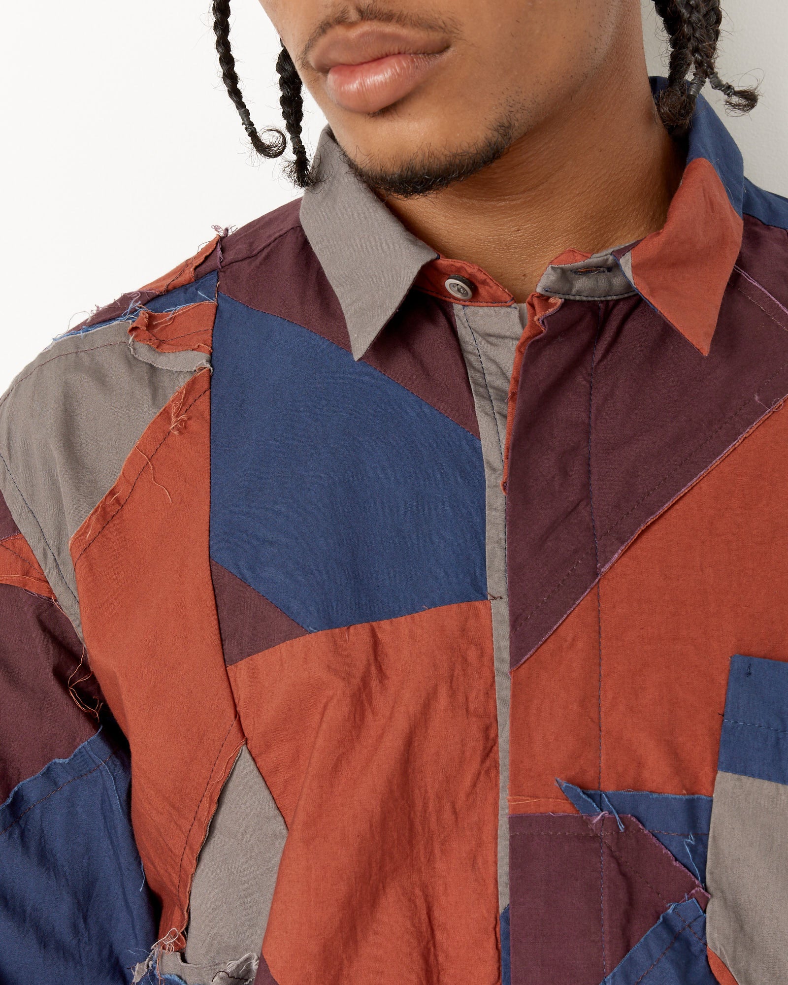 Engineered Garments Patchwork Combo Short Collar Shirt - Burgundy / L (252430)