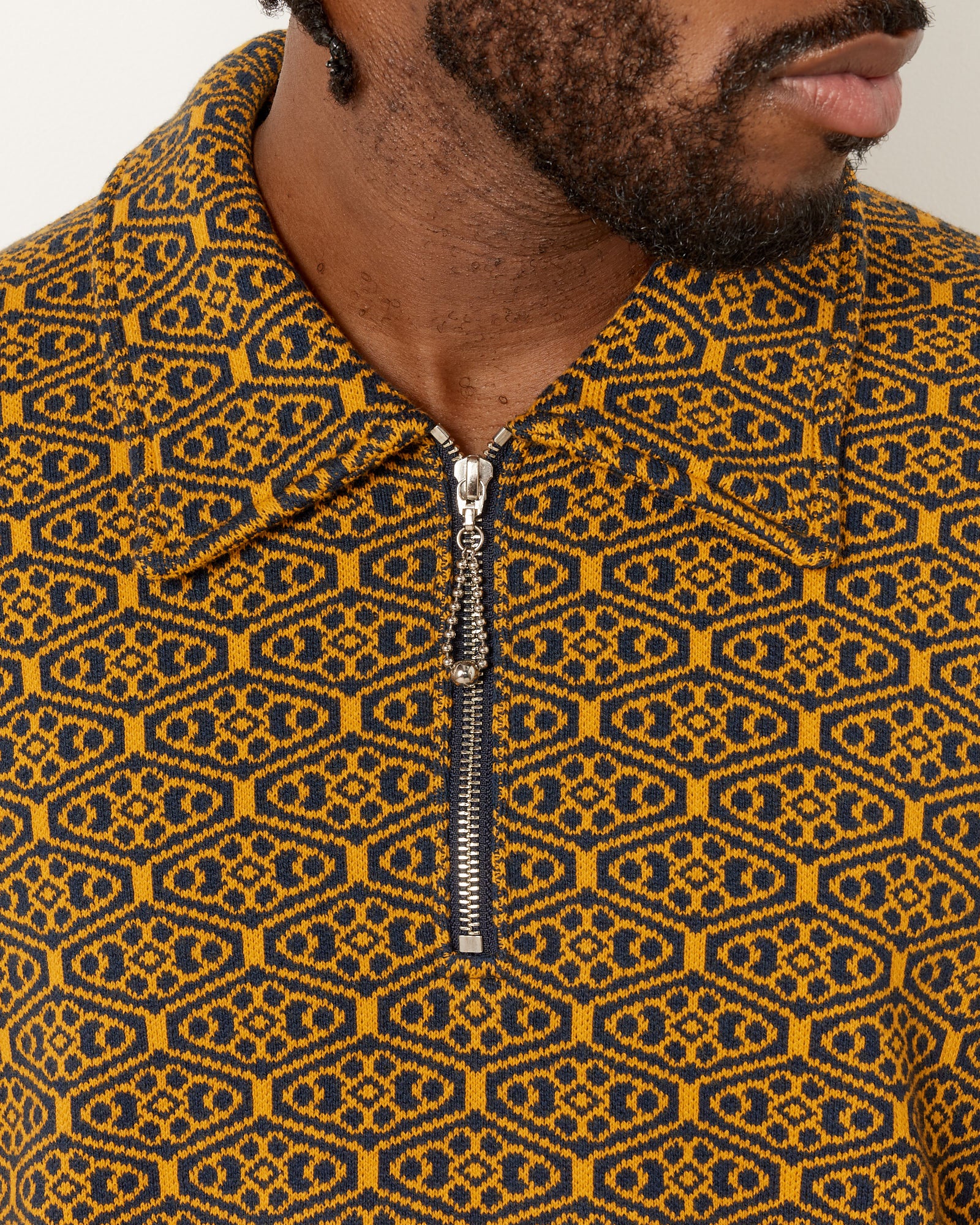 Bode Crescent Jacquard Quarter Zip - Gold/Navy / XL (252512)