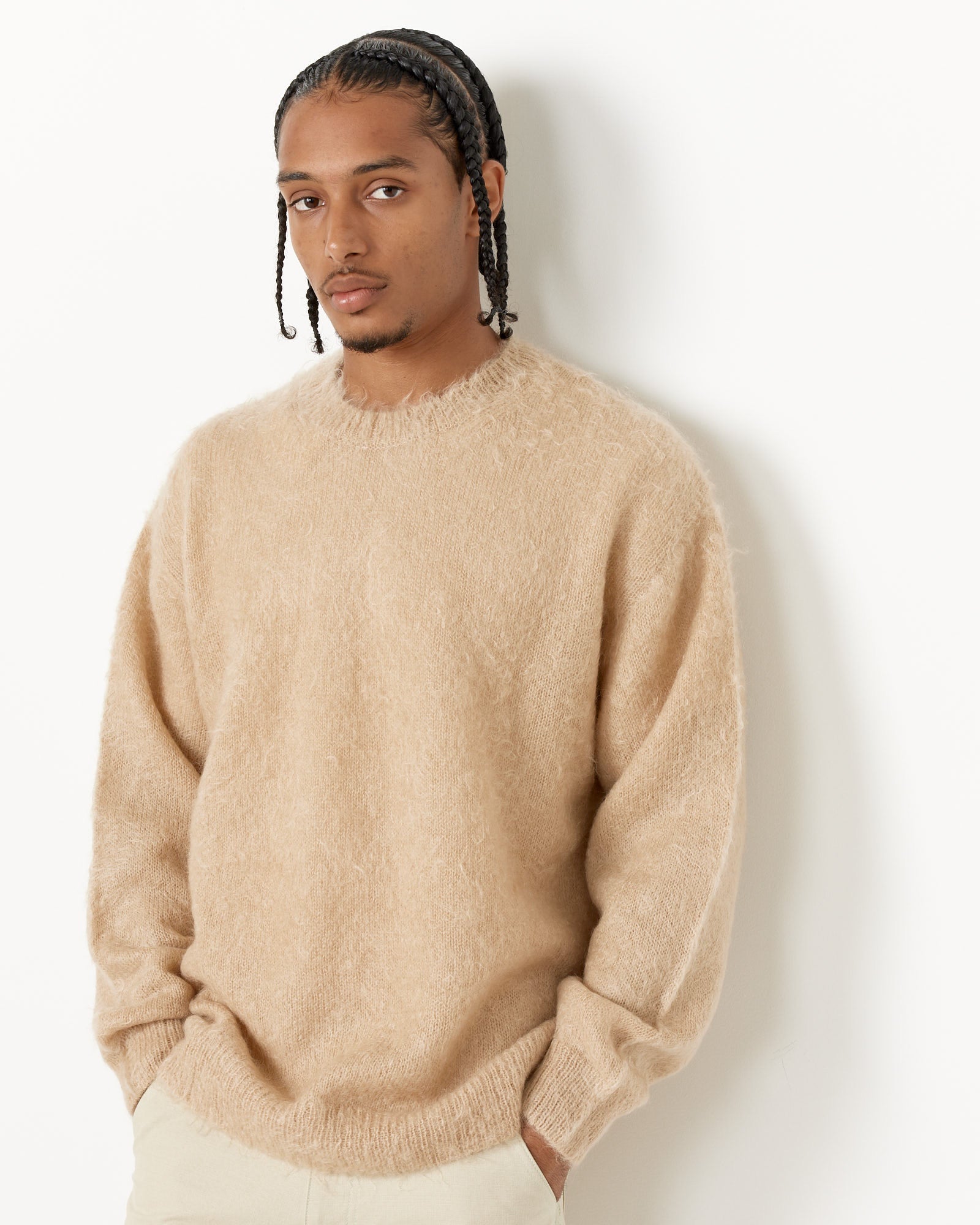 Brushed Mohair Knit Pullover in Beige in Ink Black in Jade Green
