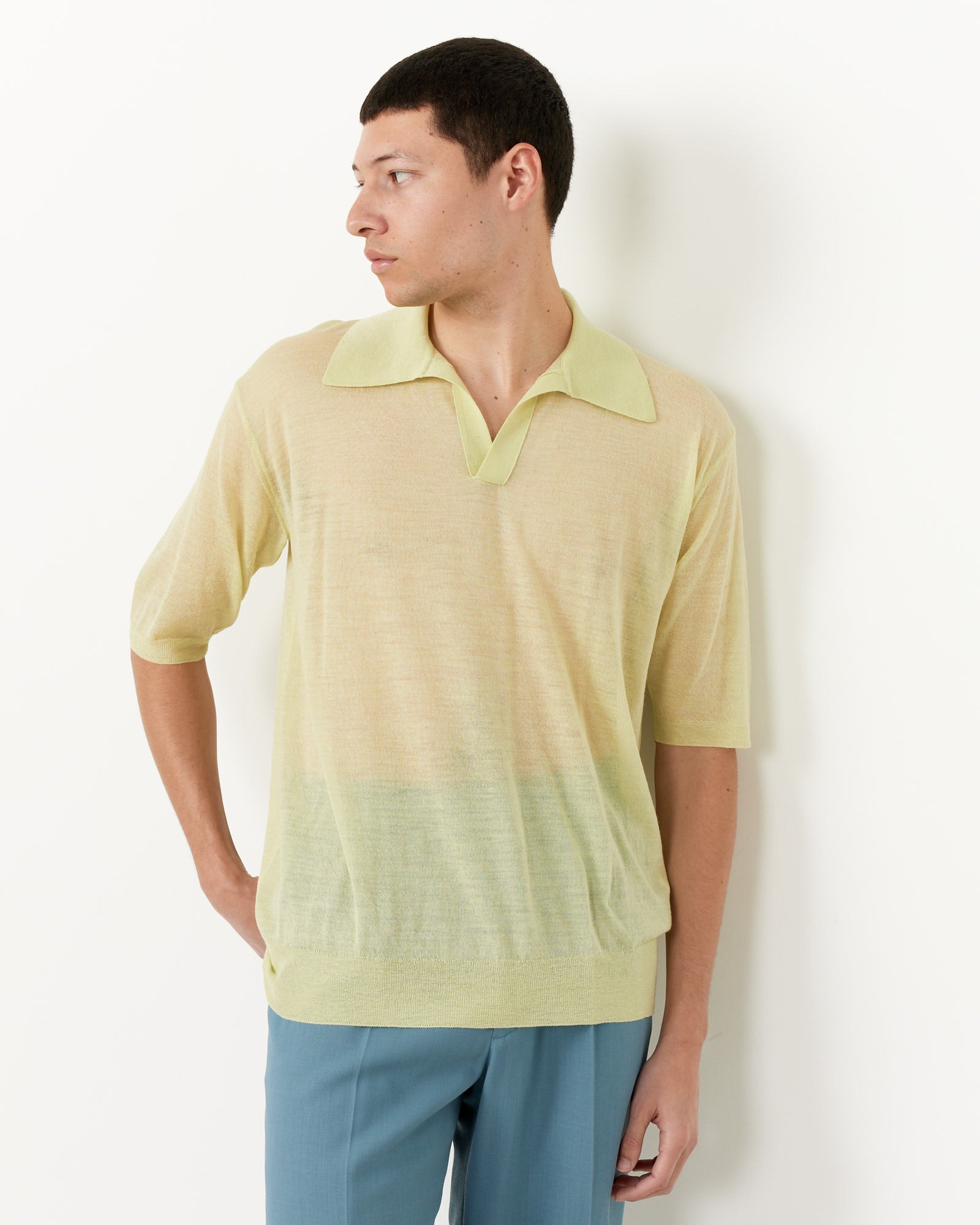 Auralee Silk Knit Skipper Polo Lime Yellow - Lime Yellow / 4 (255411)