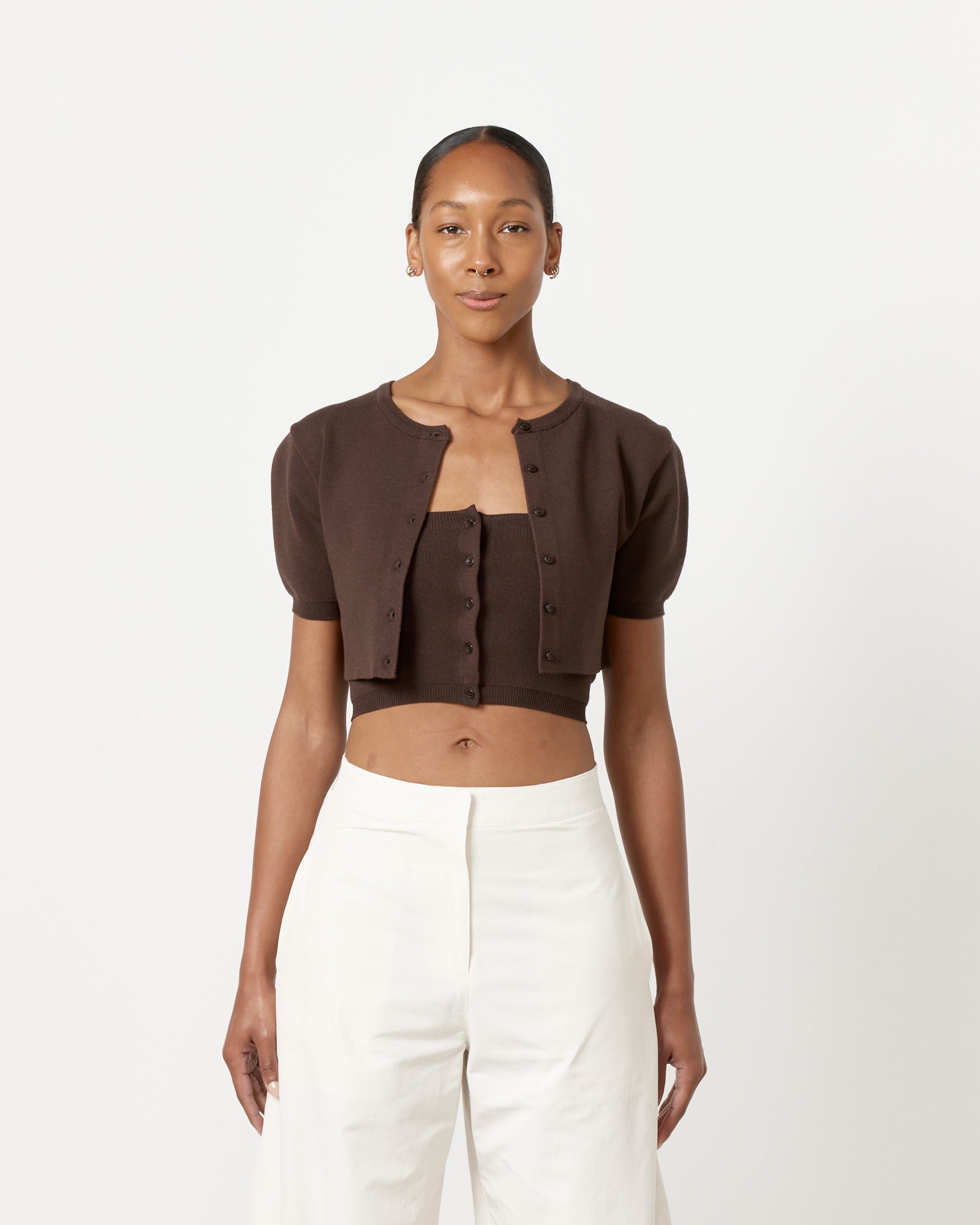 Amomento Crop Button Cardigan Set Dark Brown - Dark Brown / 0 (257043)