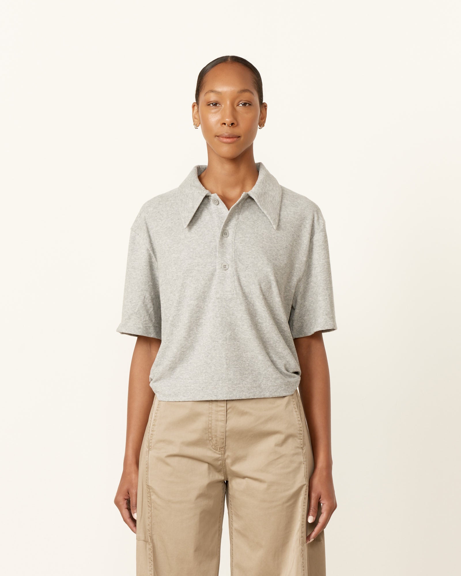 Tibi Terry Easy Polo Shirt Heather Grey - Heather Grey / XS (258039)