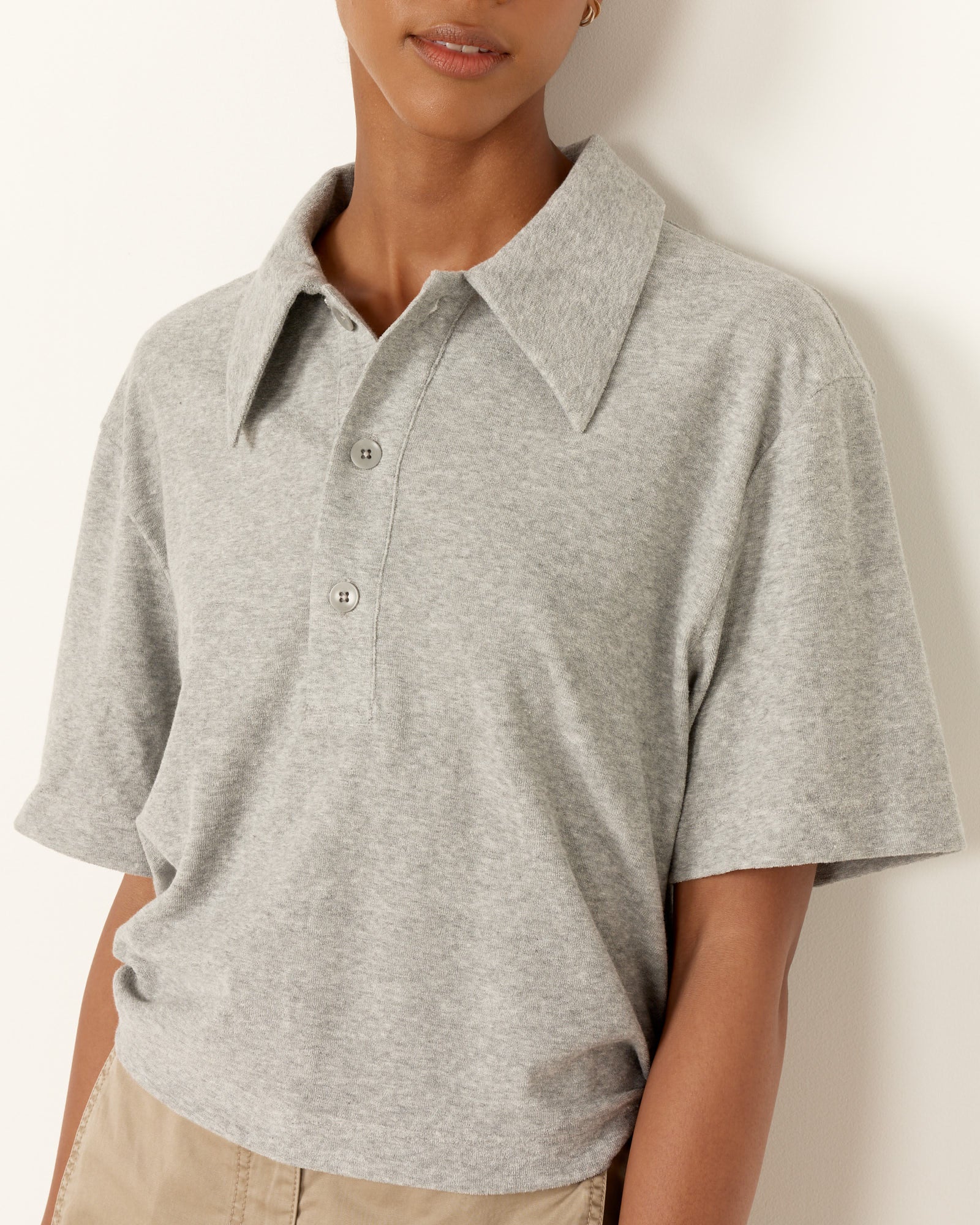 Tibi Terry Easy Polo Shirt Heather Grey - Heather Grey / XS (258039)