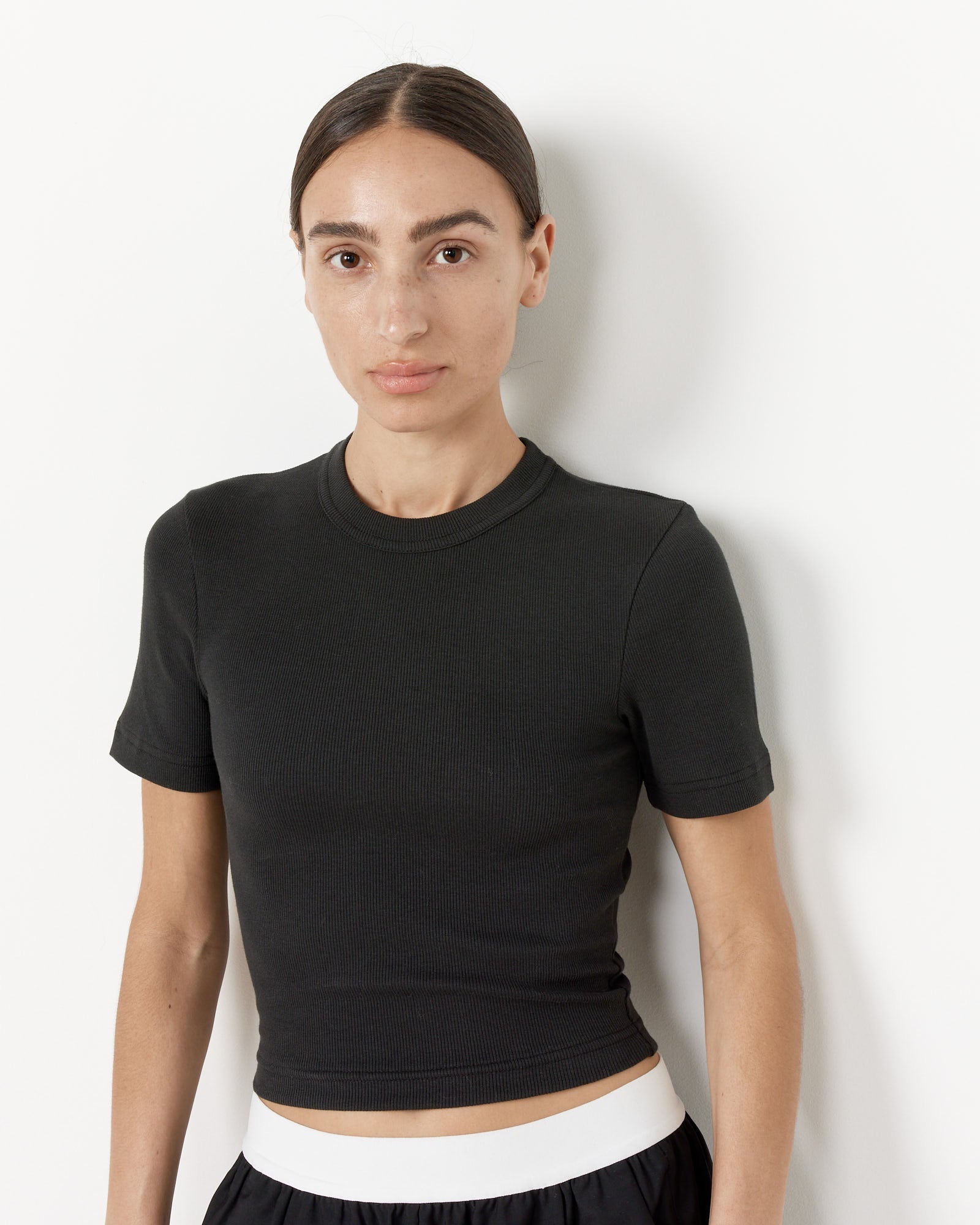 Tibi Ribbed Cropped Baby T-Shirt Black - Black / XS (258074)