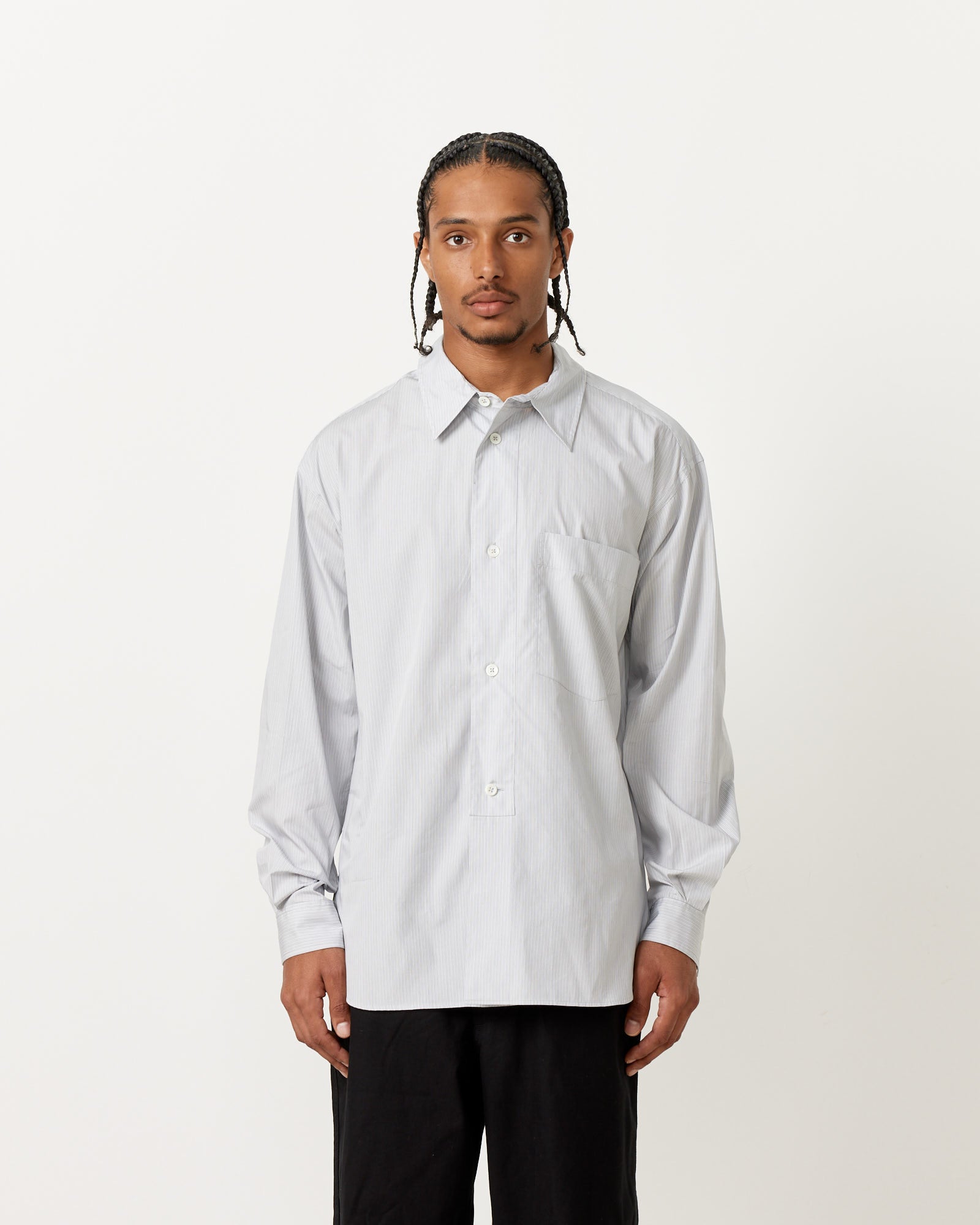 Margaret Howell Half Placket Stripe Shirt Grey/White - Grey/White / L (259573)