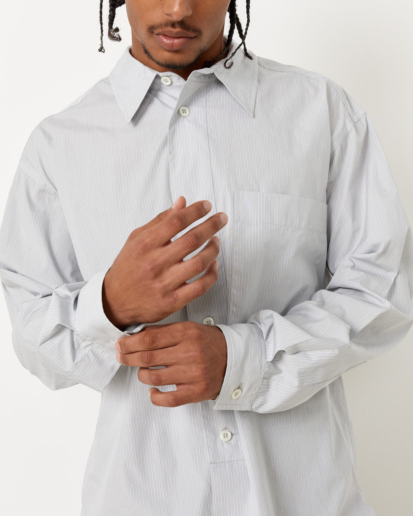 Margaret Howell Half Placket Stripe Shirt Grey/White - Grey/White / L (259573)