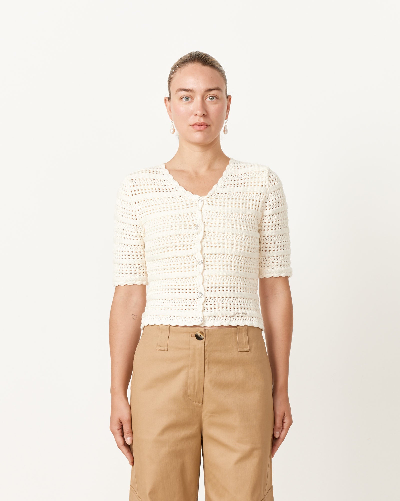 Ganni Pointelle S/S Cardigan Egret - Egret / S (260584)