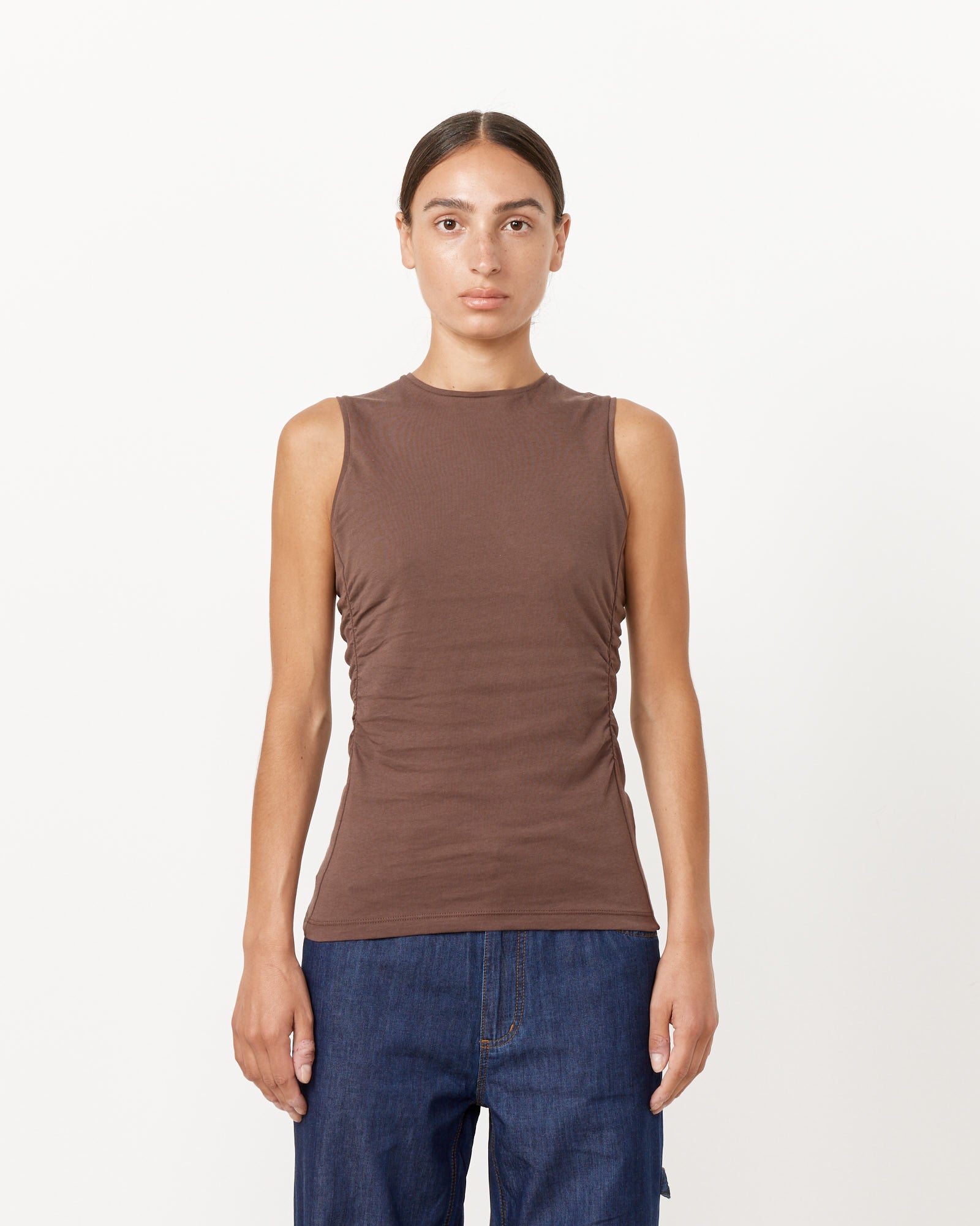 Tibi Shirred Crewneck Top Cacao - Cacao / XS (260682)