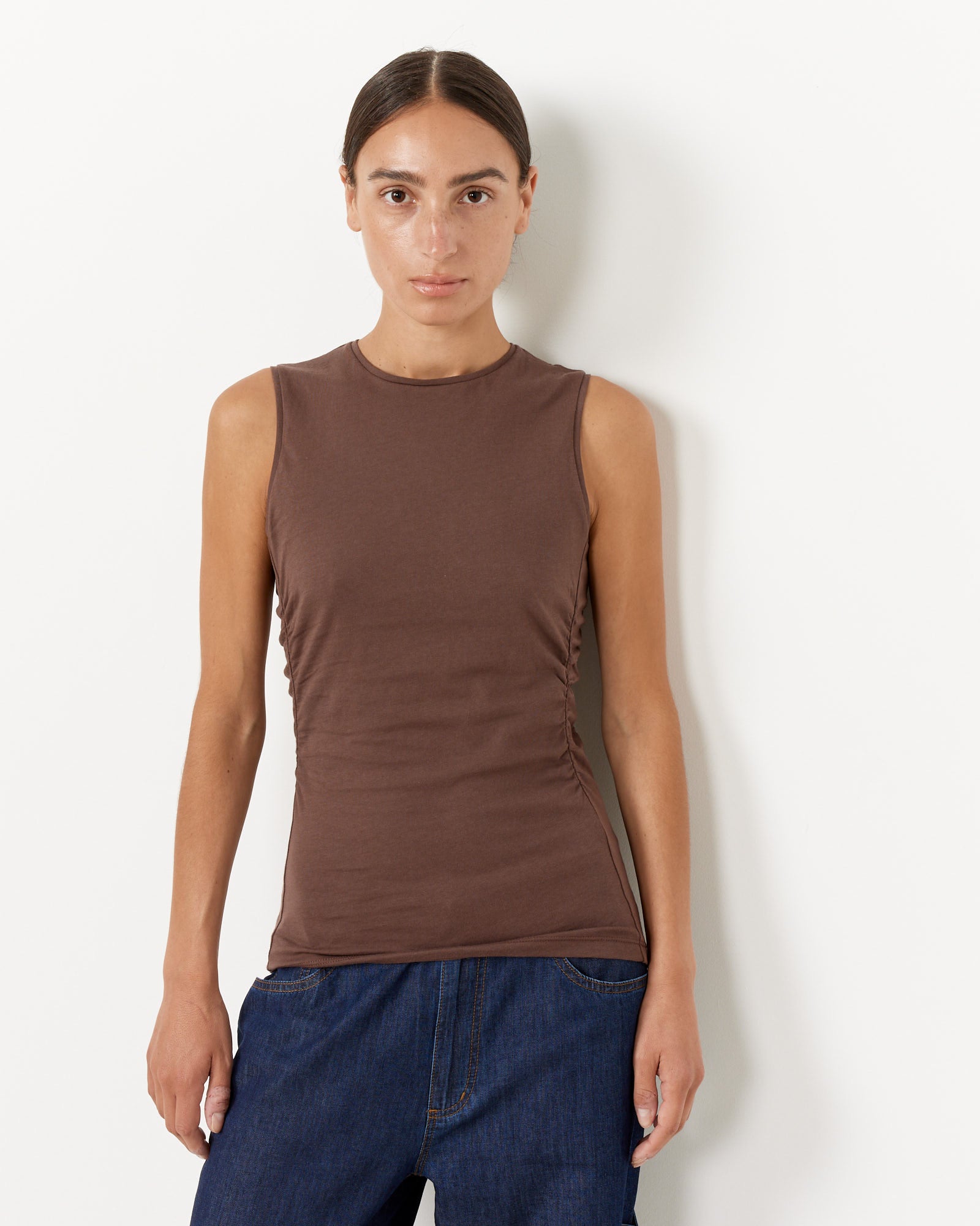 Tibi Shirred Crewneck Top Cacao - Cacao / XS (260682)