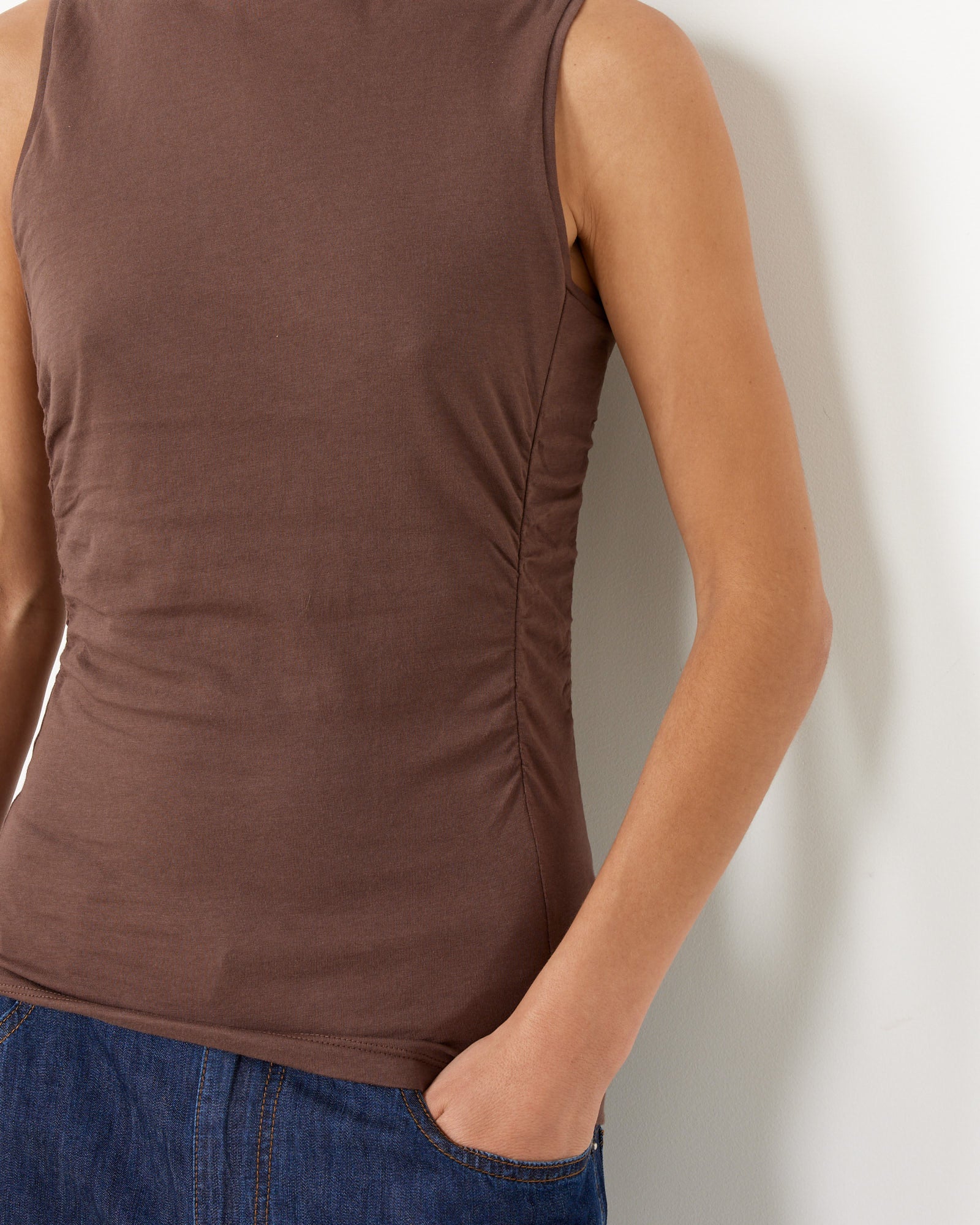 Tibi Shirred Crewneck Top Cacao - Cacao / XS (260682)