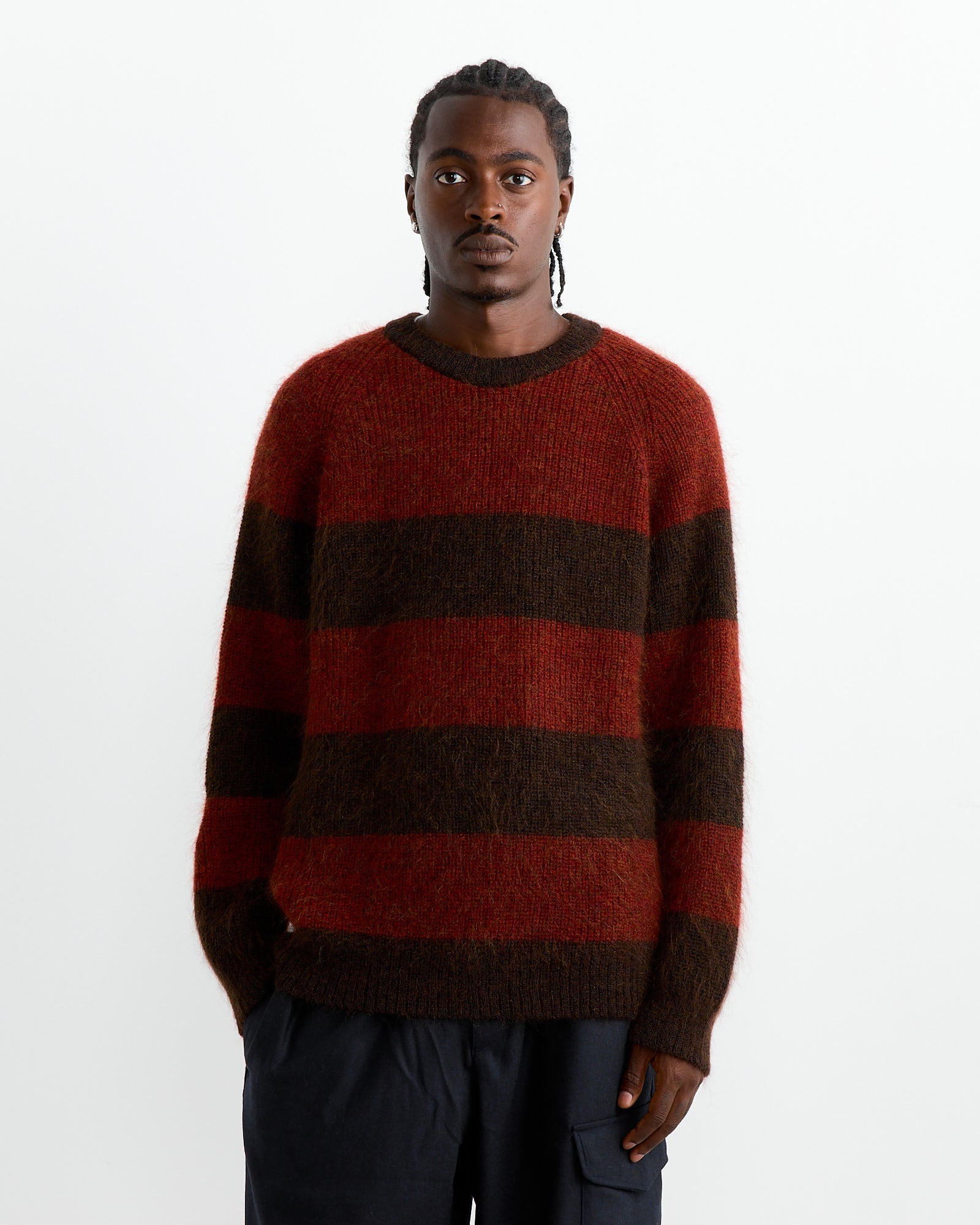 YMC Sueded Stripe Crew Knit Red/Brown - Red/Brown / M (261200)