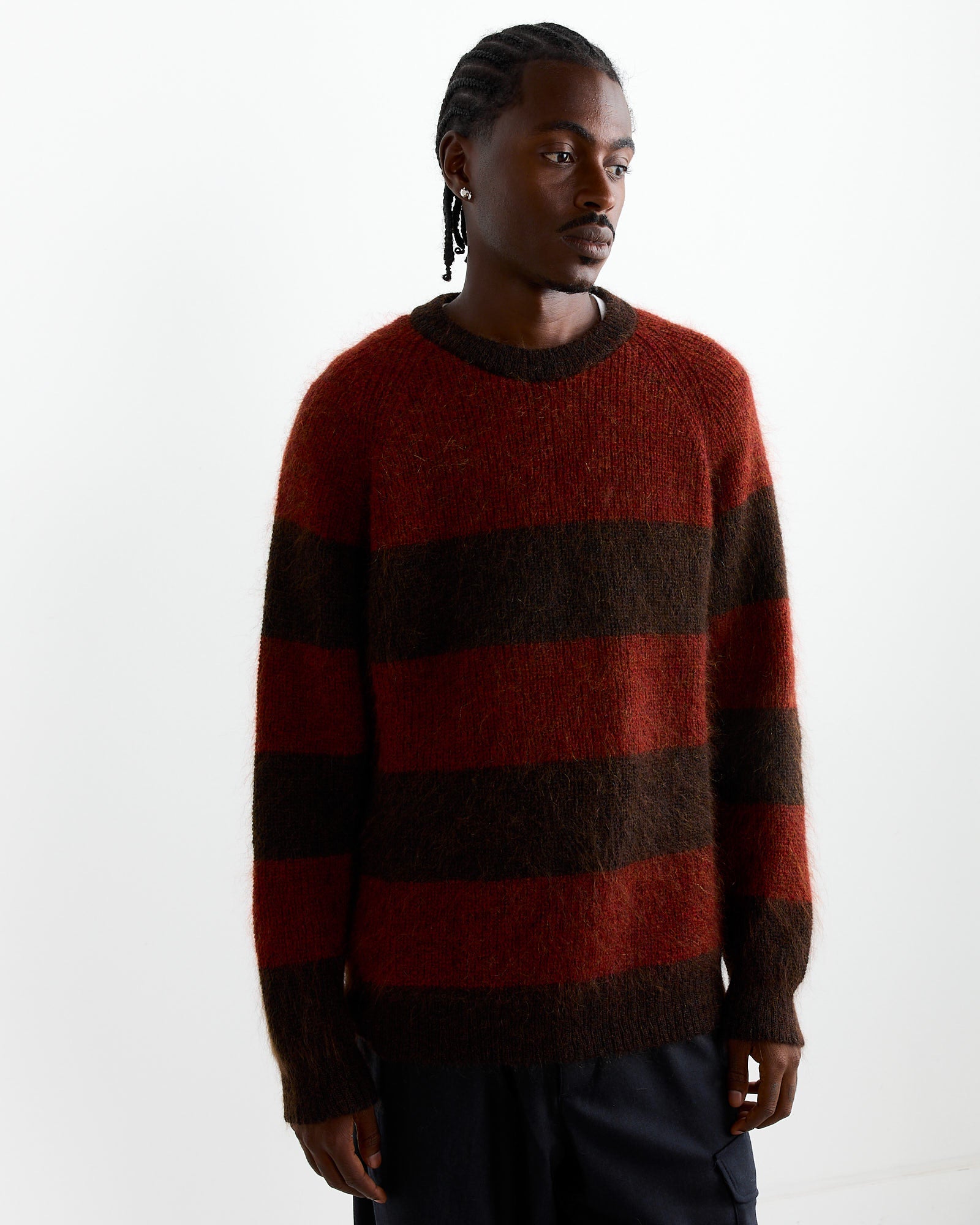 YMC Sueded Stripe Crew Knit Red/Brown - Red/Brown / M (261200)