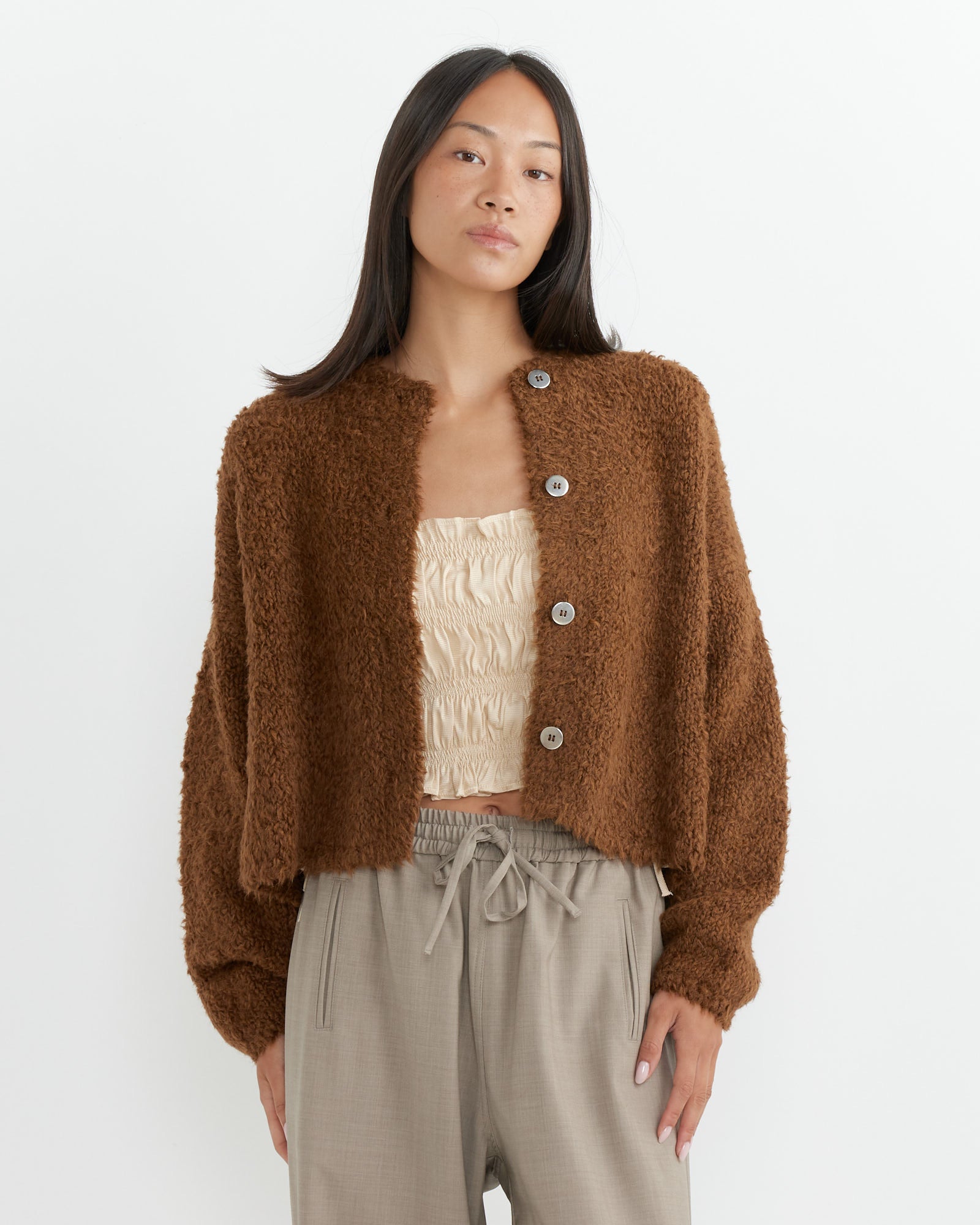 Teddy Cropped Cardigan in Acorn