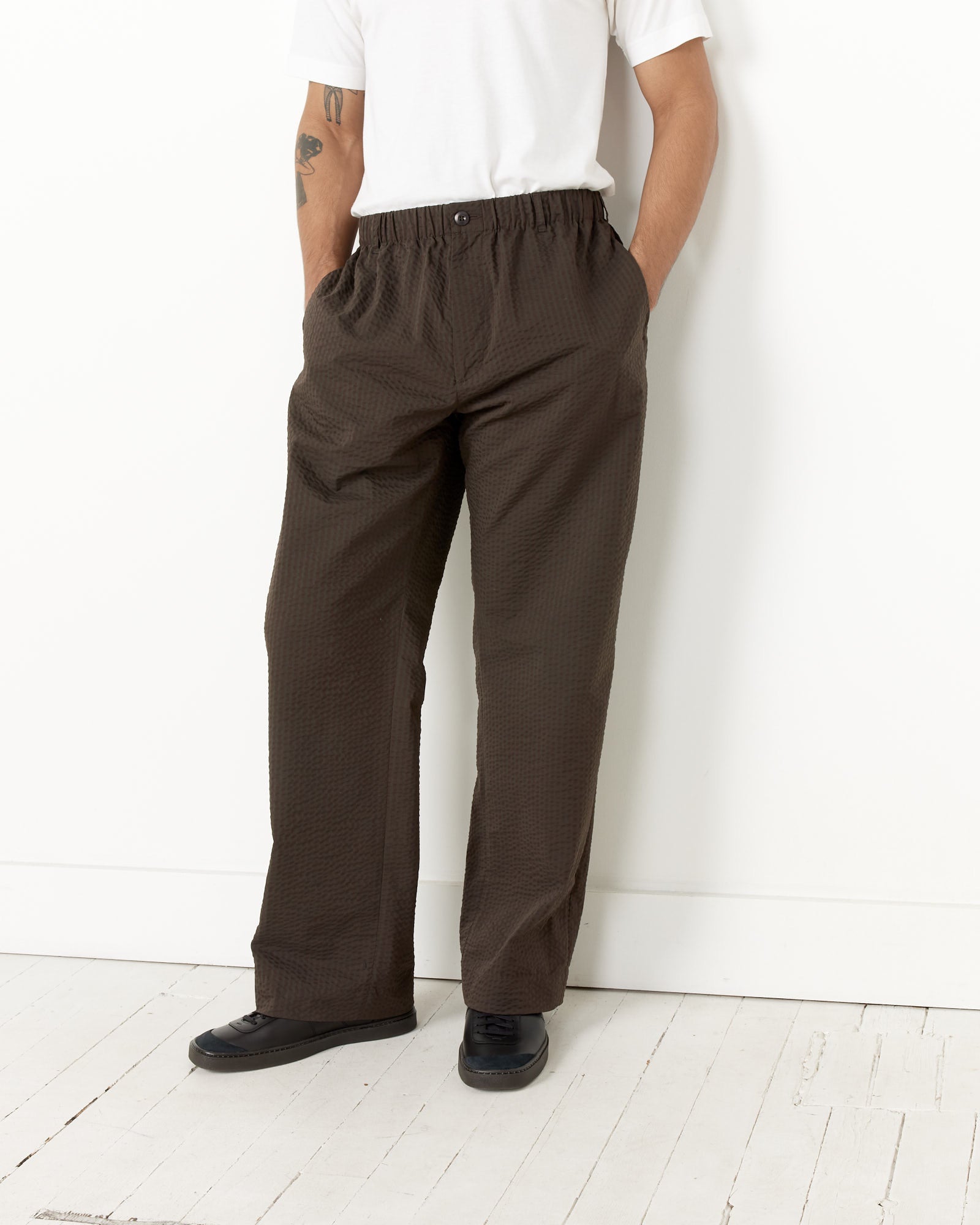 SMOCK Drape Trouser in Striped Seersucker Green/Brown - Green/Brown / M (261247)