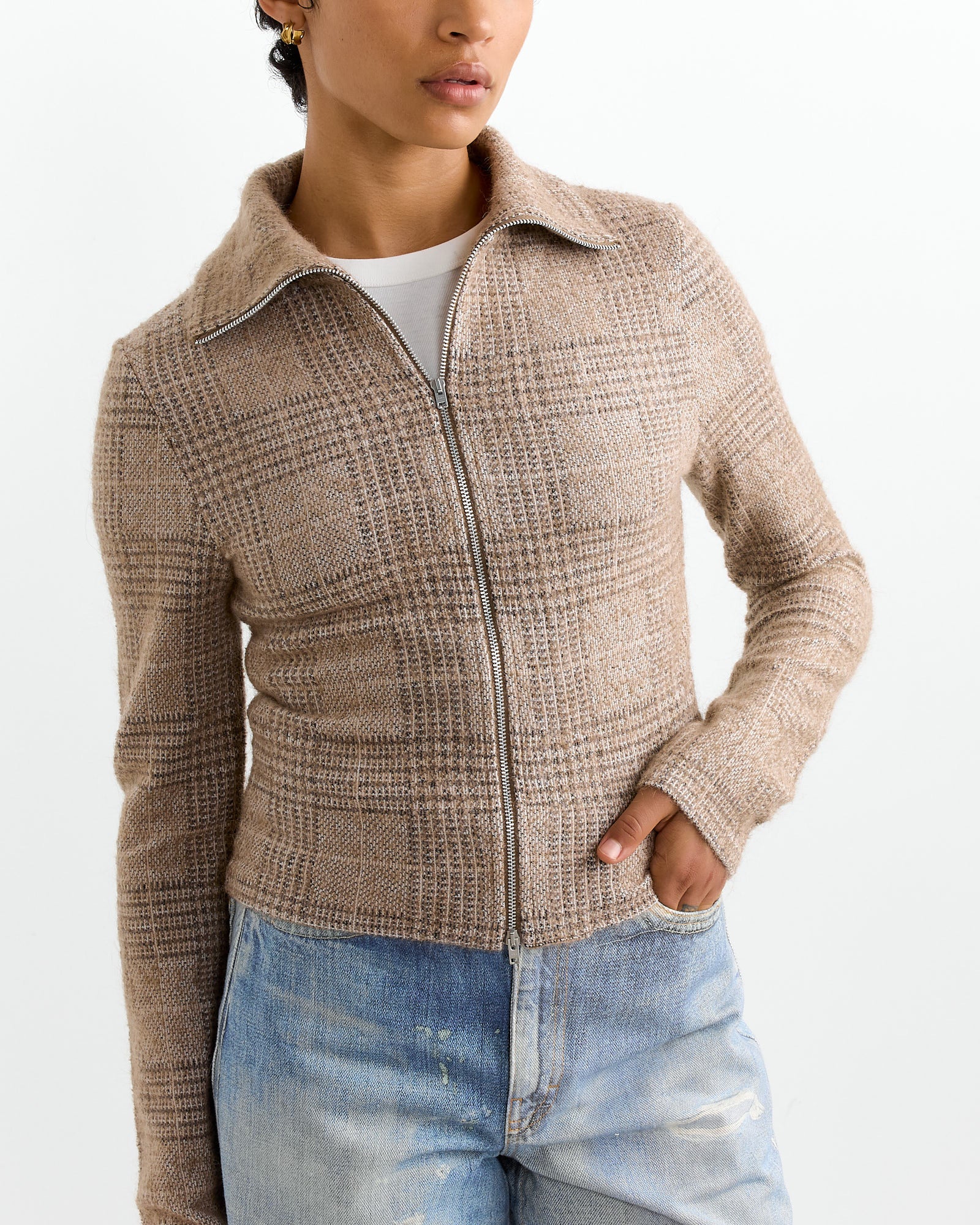 Slim Zip Jacket in Beige Hound Check