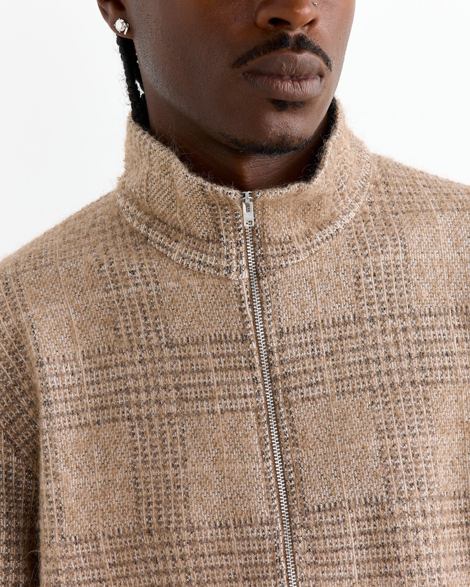 Shrunken Full Zip Polo in Beige Hound Check