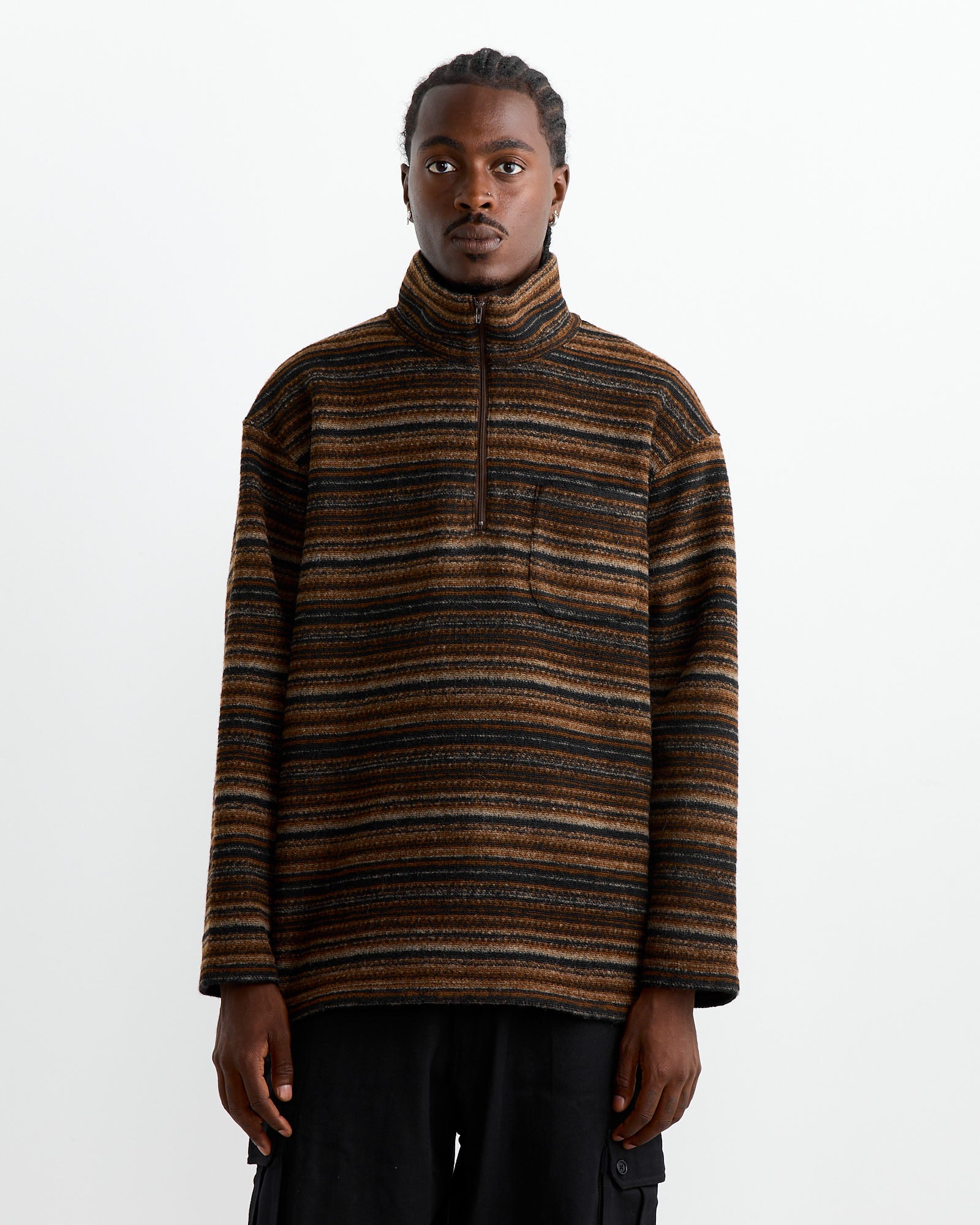 Engineered Garments Zip Mock Sweater Brown Stripe - Brown Stripe / M (261969)