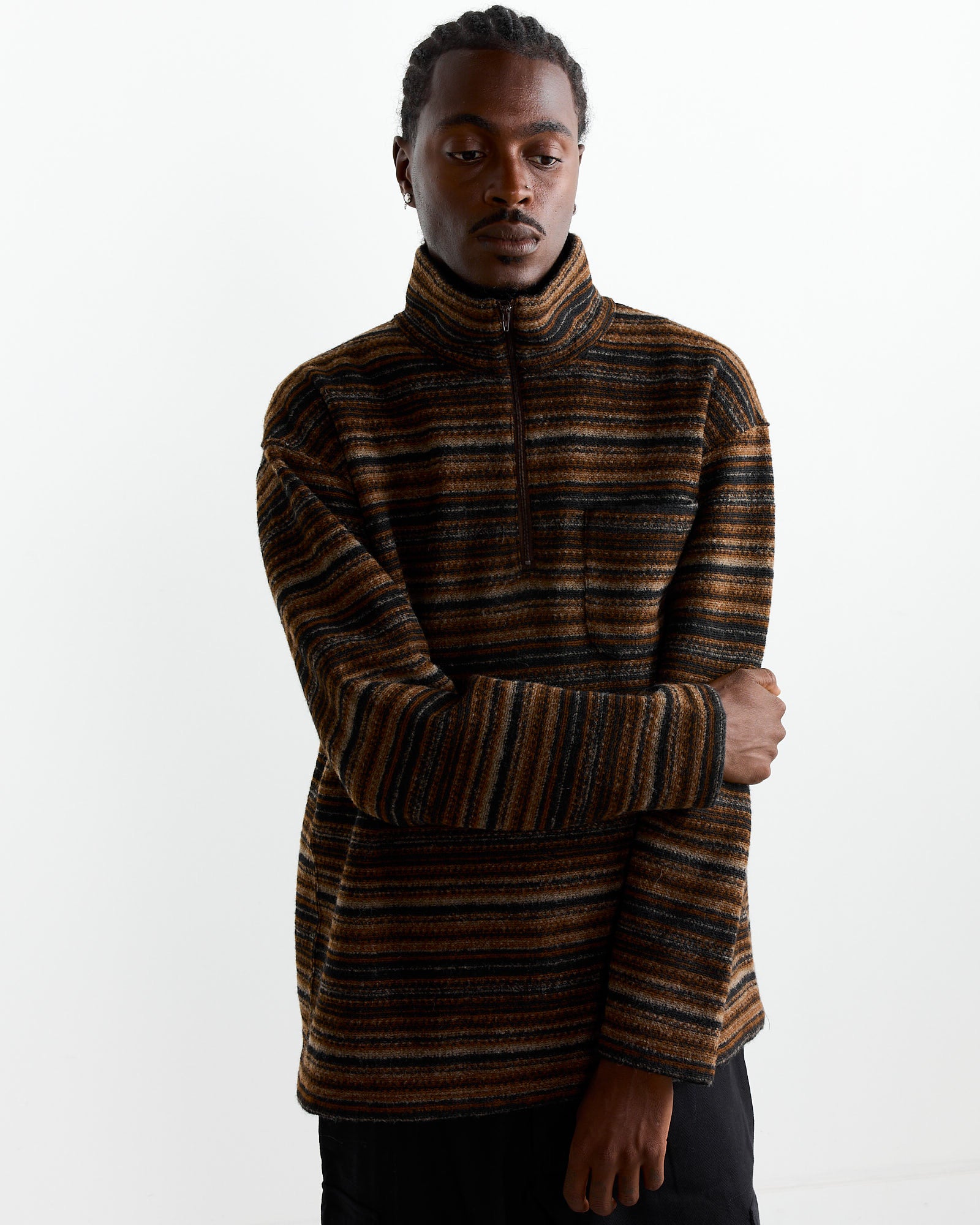 Engineered Garments Zip Mock Sweater Brown Stripe - Brown Stripe / M (261969)