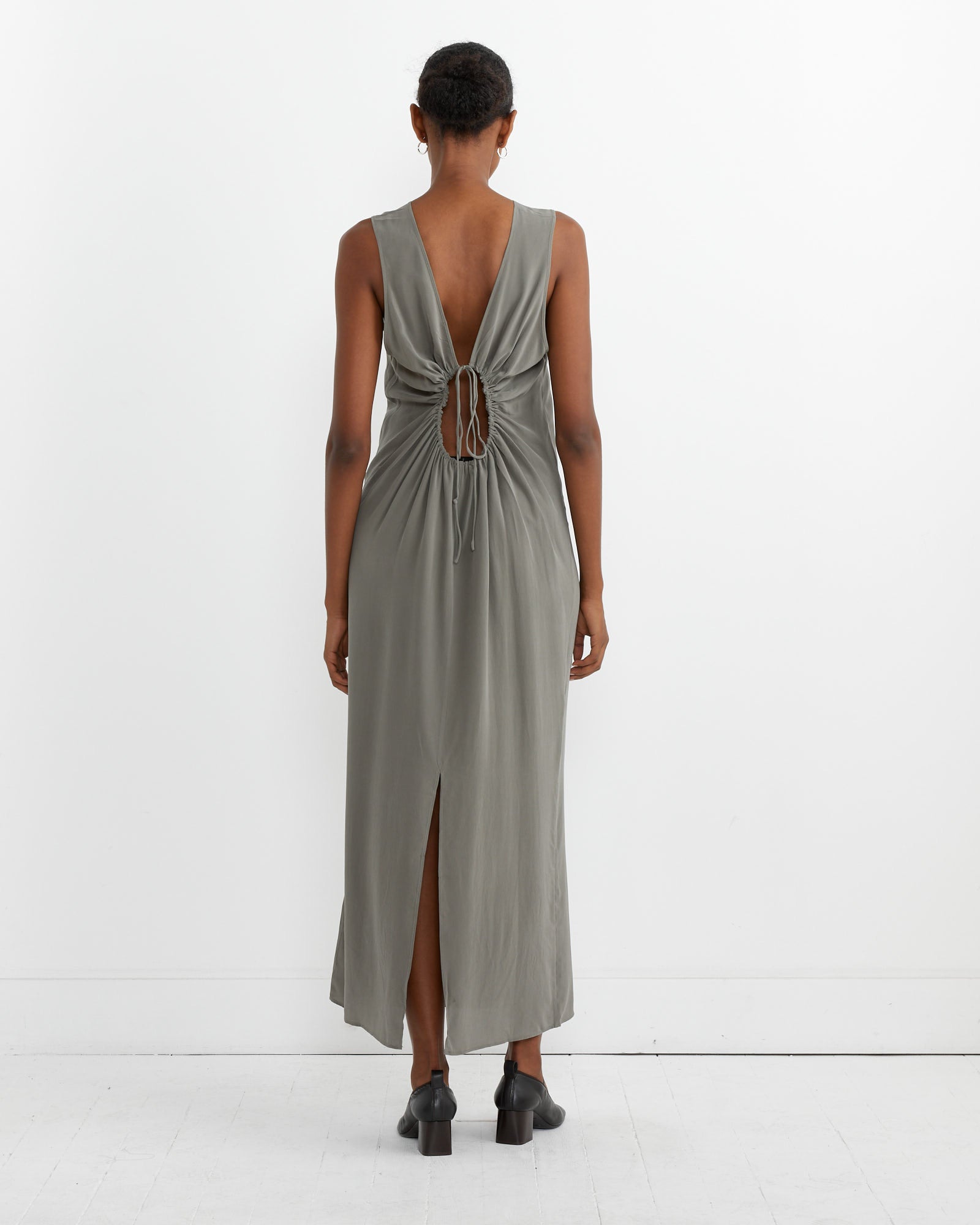 St. Agni Drawstring Silk Dress Smokey Olive - Smokey Olive / S (262060)