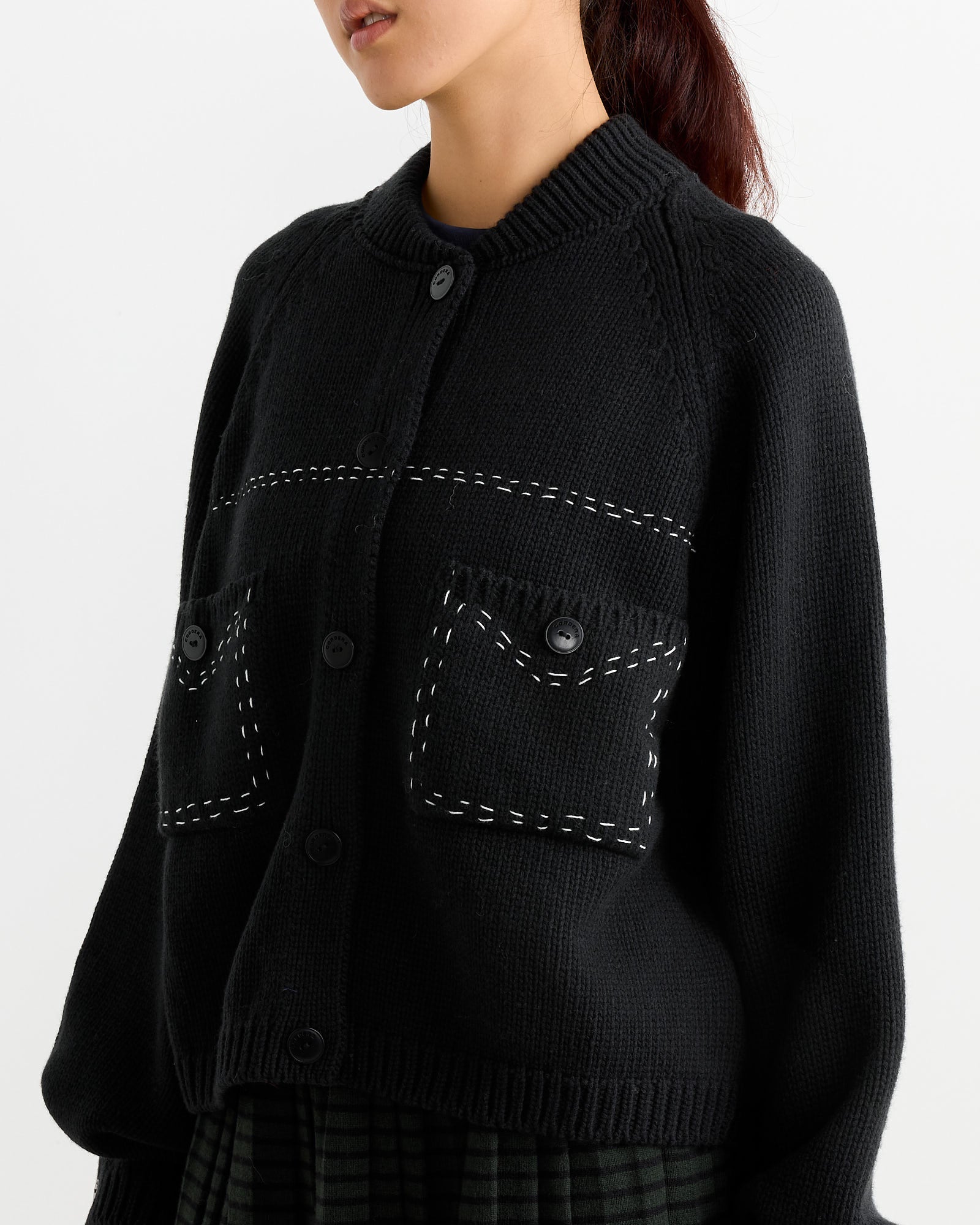 Merino Wool Stitched Cardigan in Black