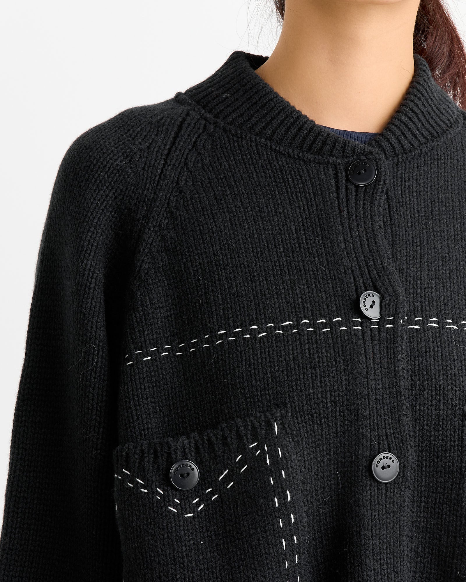 Merino Wool Stitched Cardigan in Black