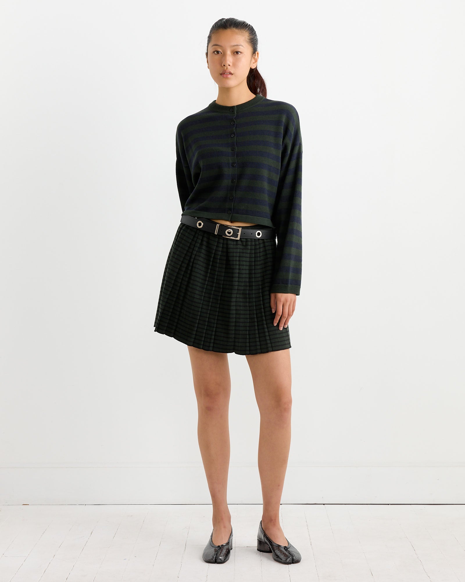 Merino Wool Striped Mini Skirt in Green/Black