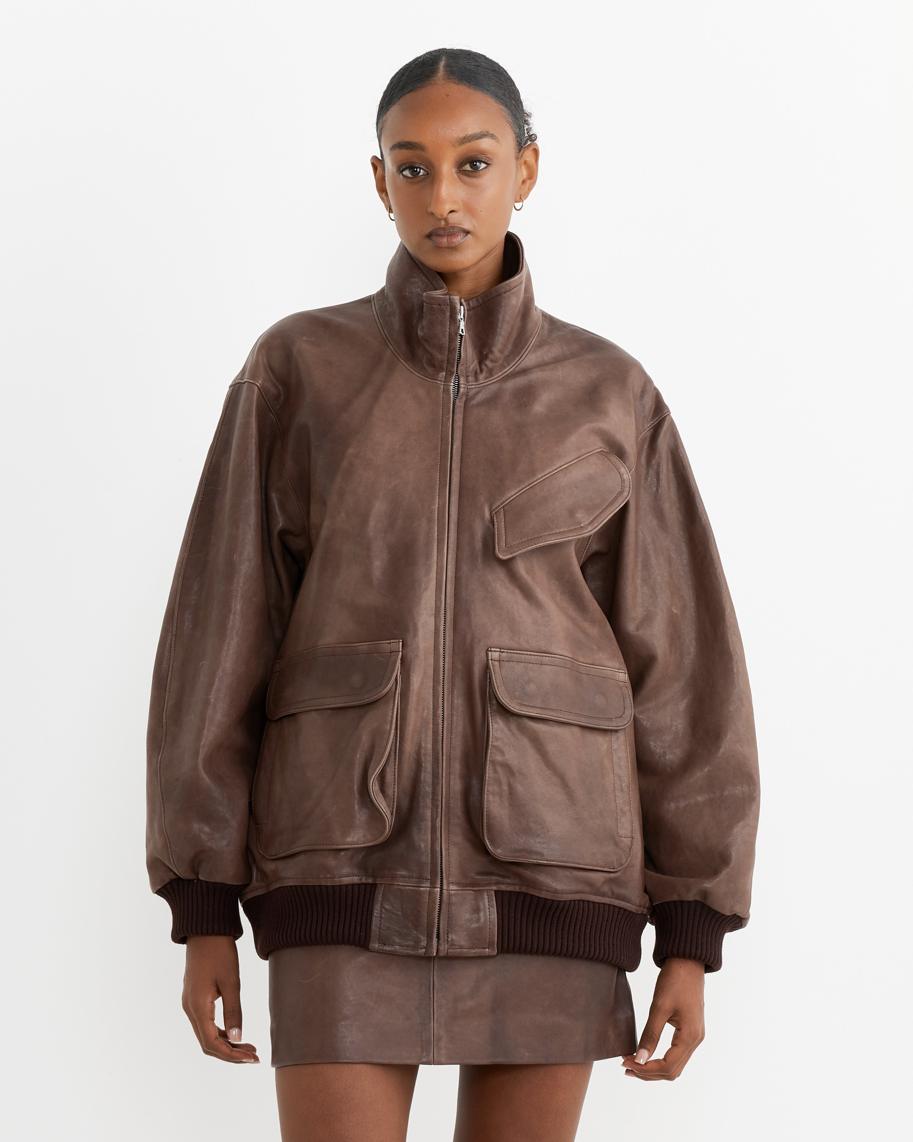 Lamb Leather Zip Blouson in Dark Brown