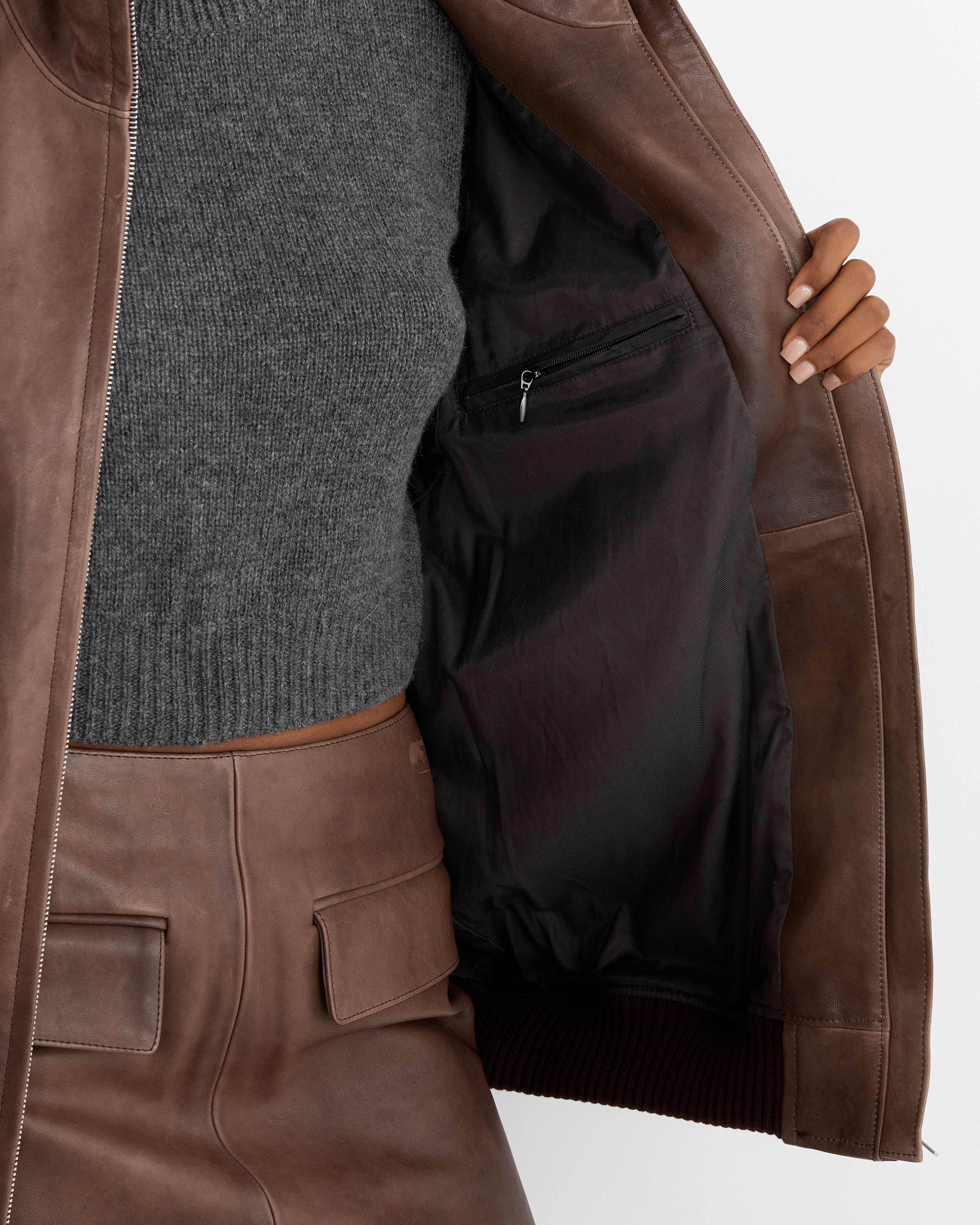 Lamb Leather Zip Blouson in Dark Brown