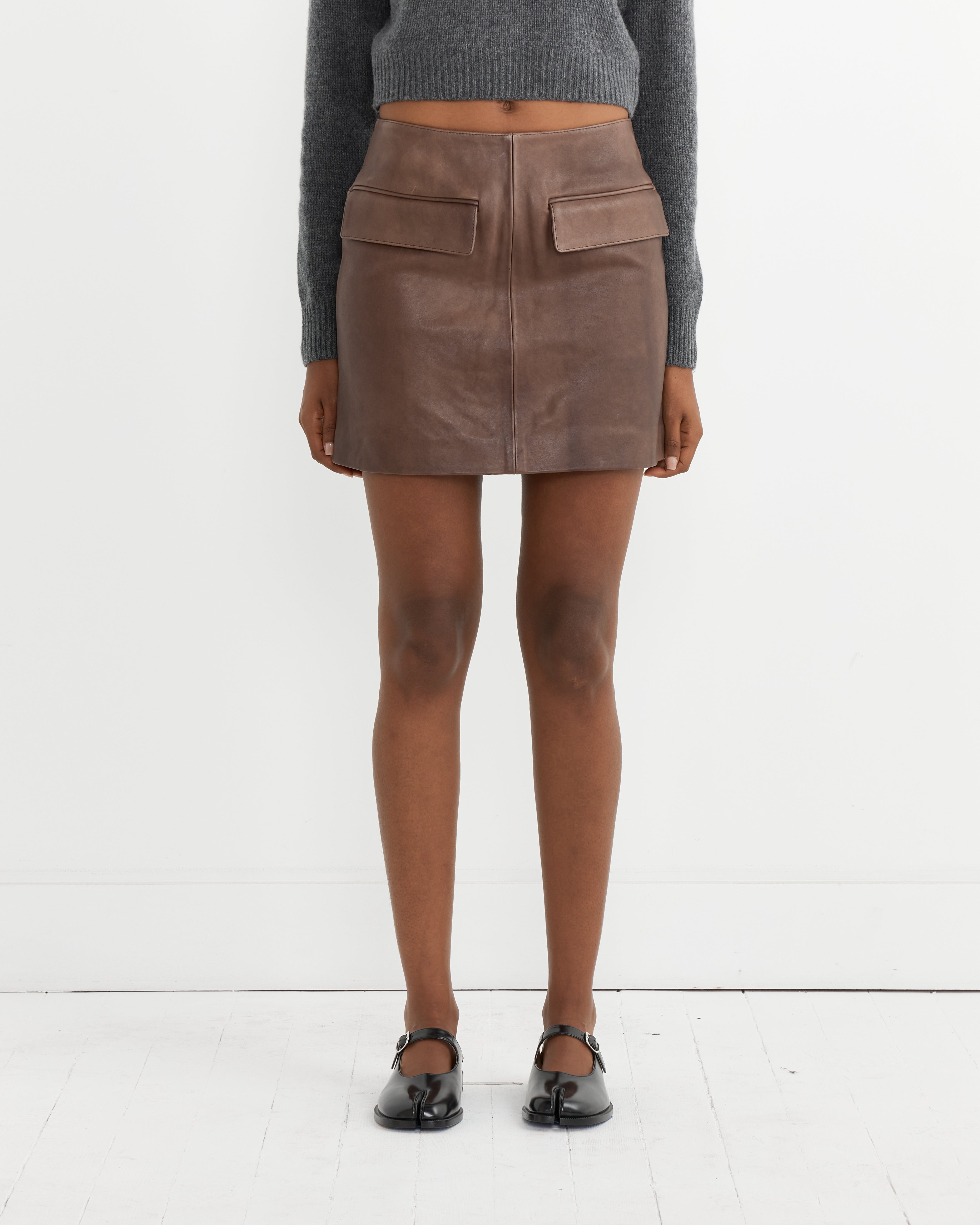 Lamb Leather Mini Skirt in Dark Brown