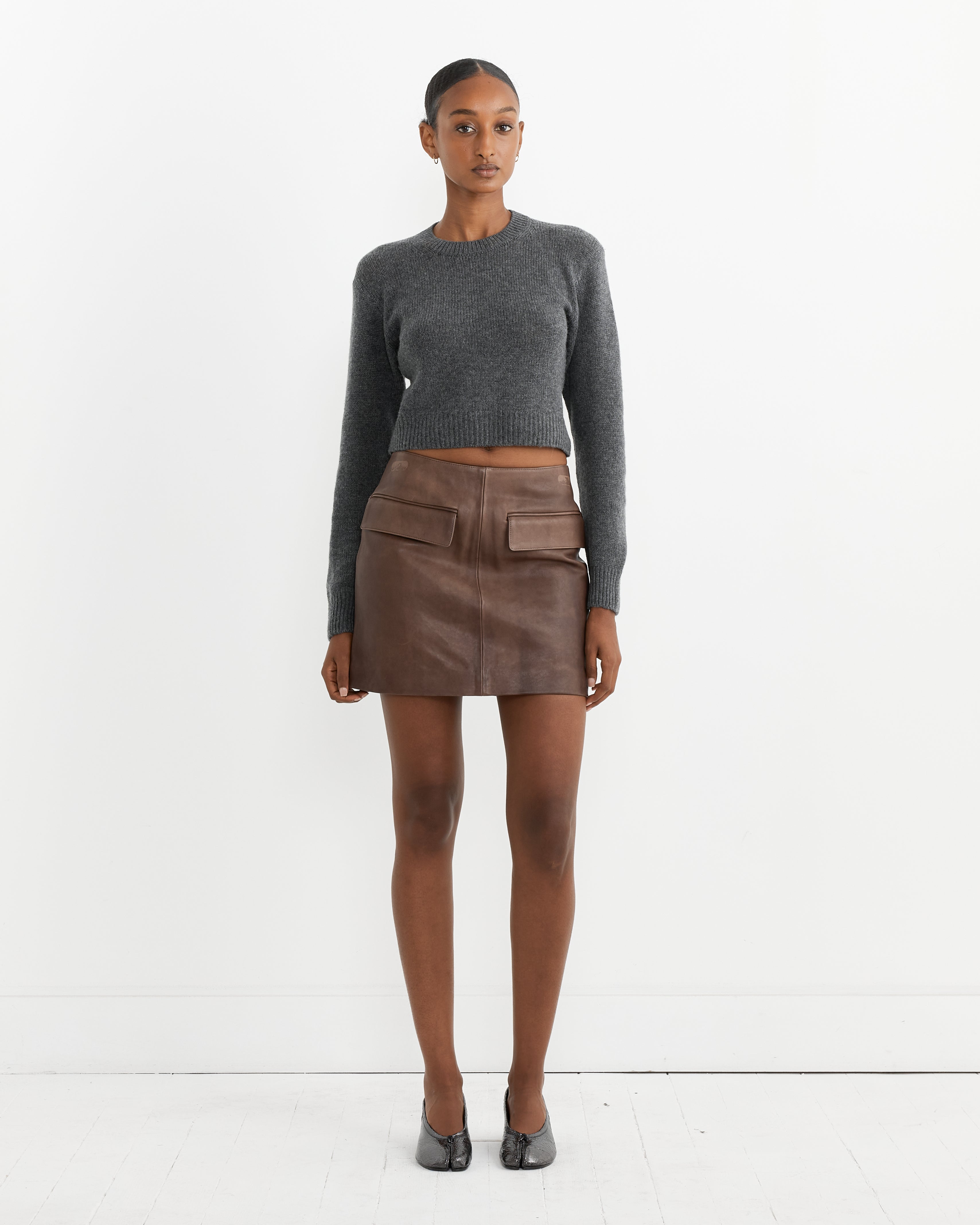 Lamb Leather Mini Skirt in Dark Brown