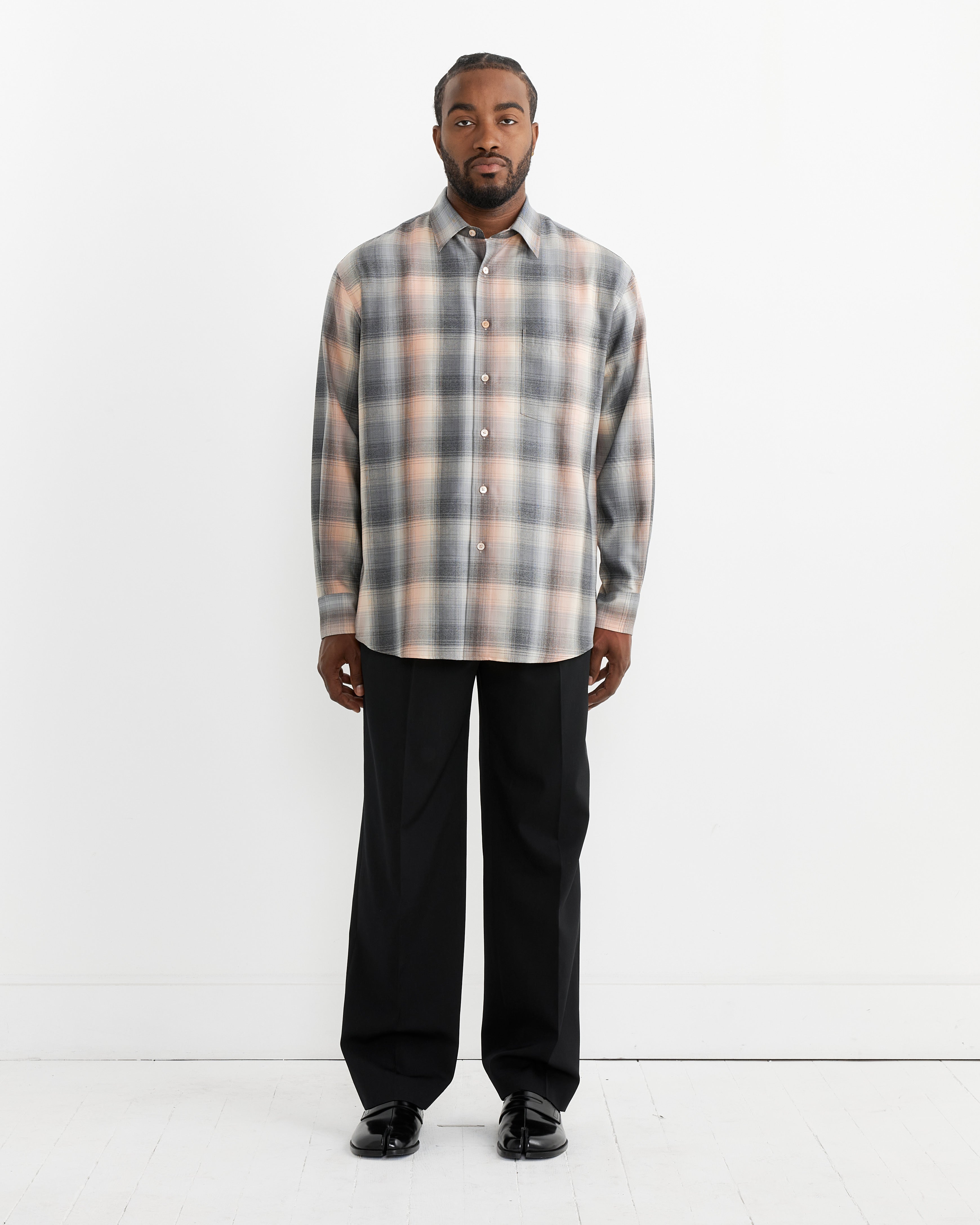 Wool Check Shirt in Beige Blue