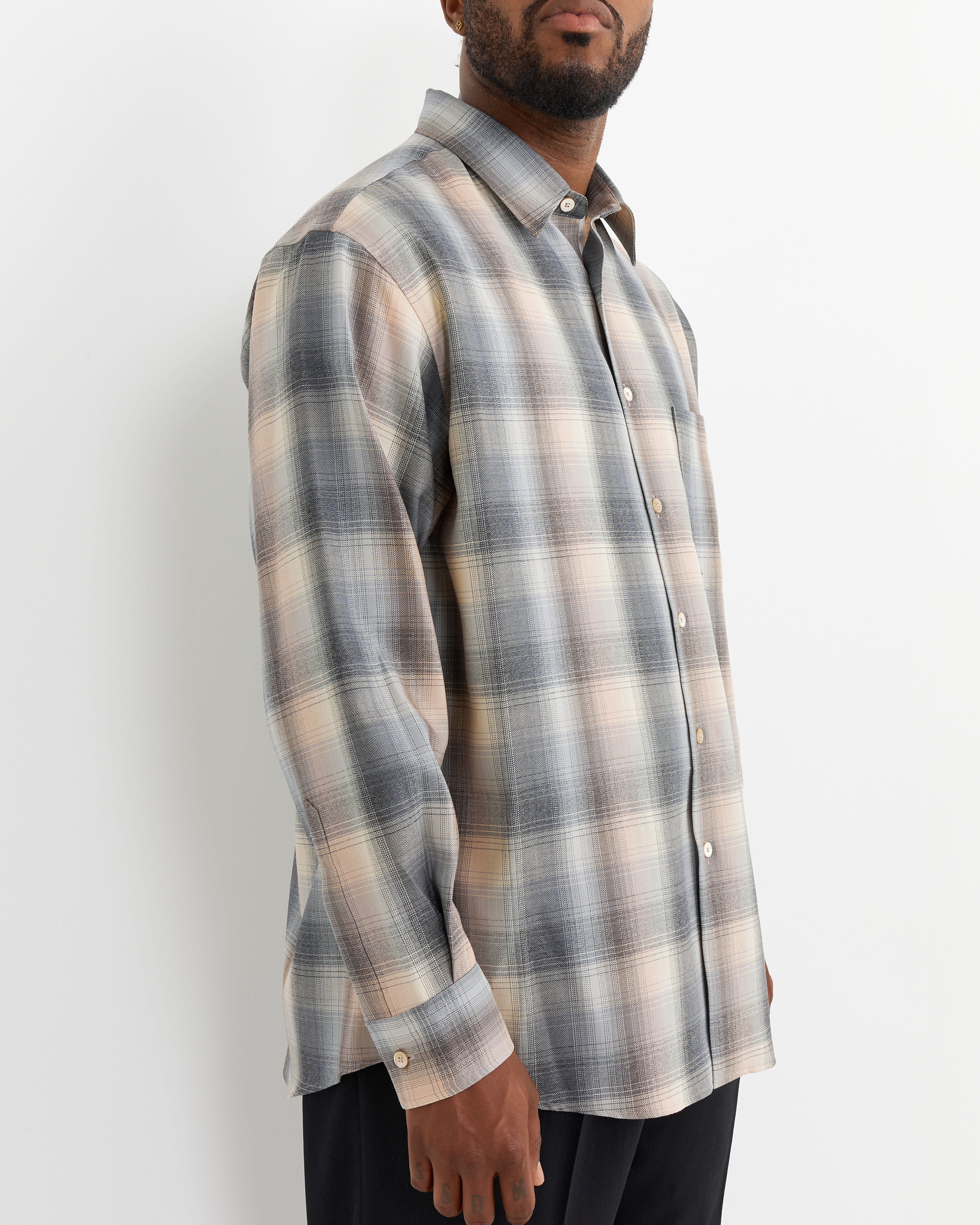 Wool Check Shirt in Beige Blue