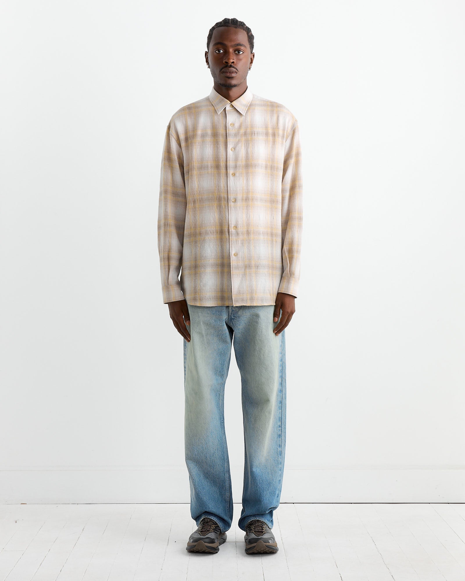 Airy Wool Check Shirt in Yellow/Grey