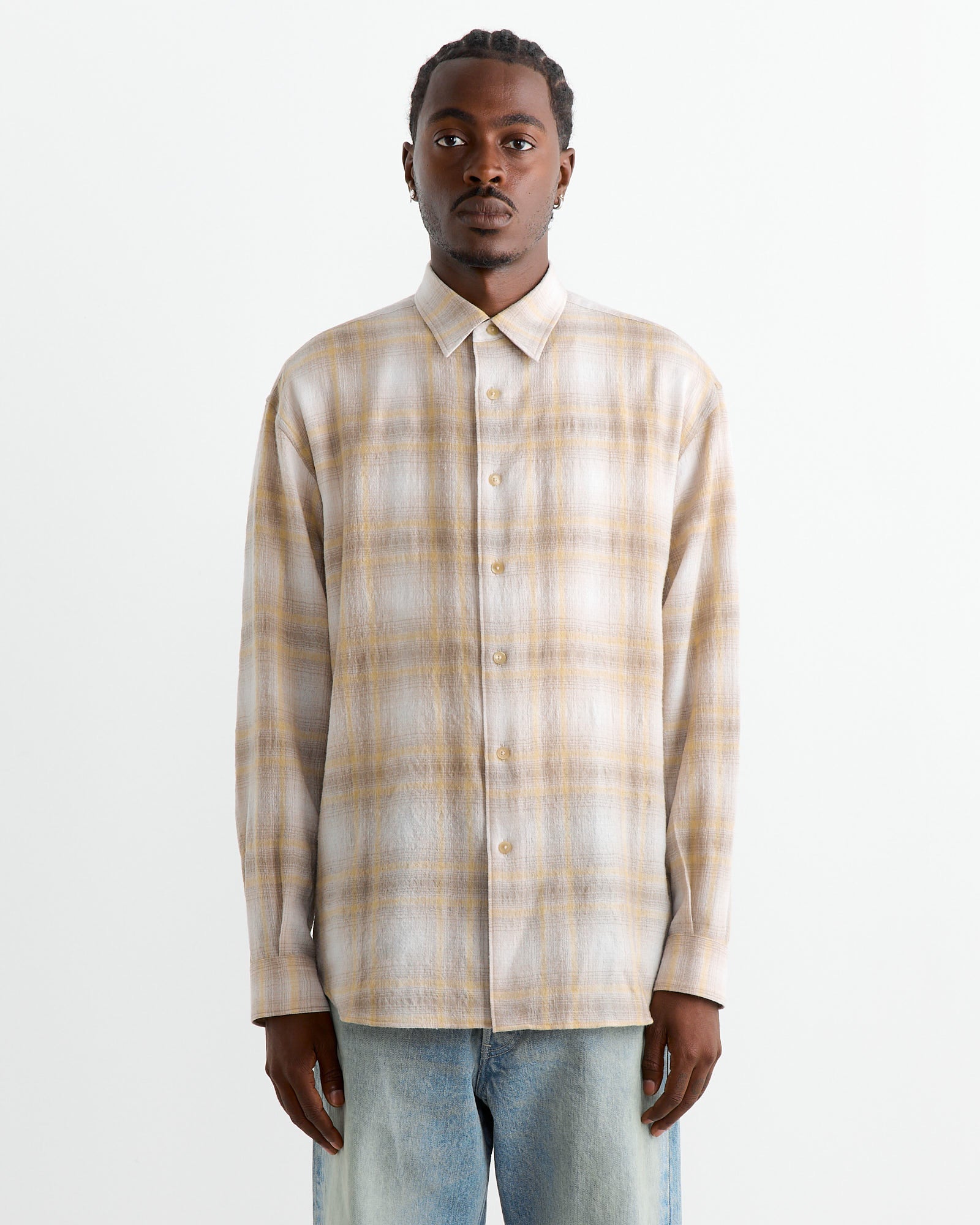 Airy Wool Check Shirt in Yellow/Grey