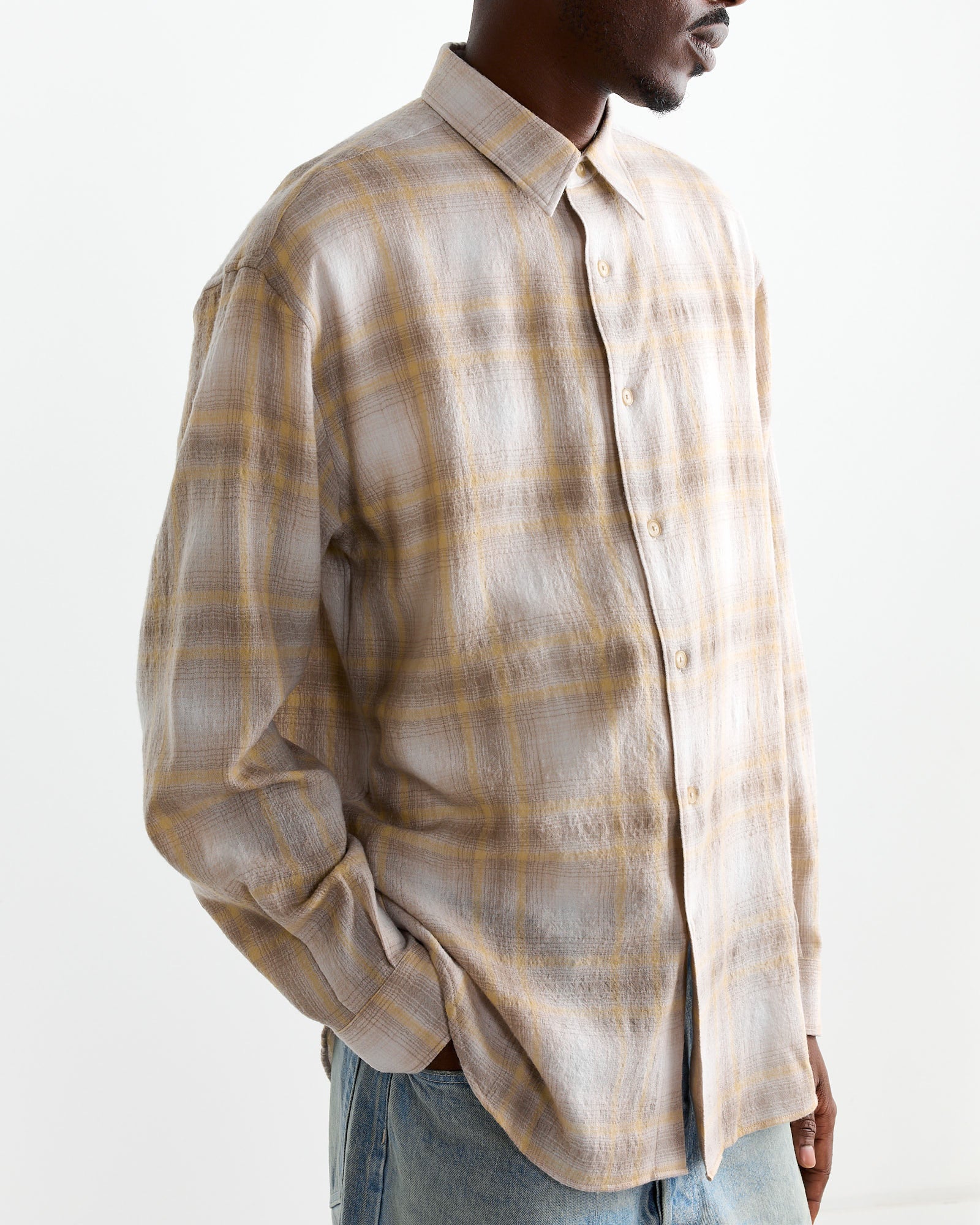 Auralee Airy Wool Check Shirt Yellow/Grey - Yellow/Grey / 4 (262888)