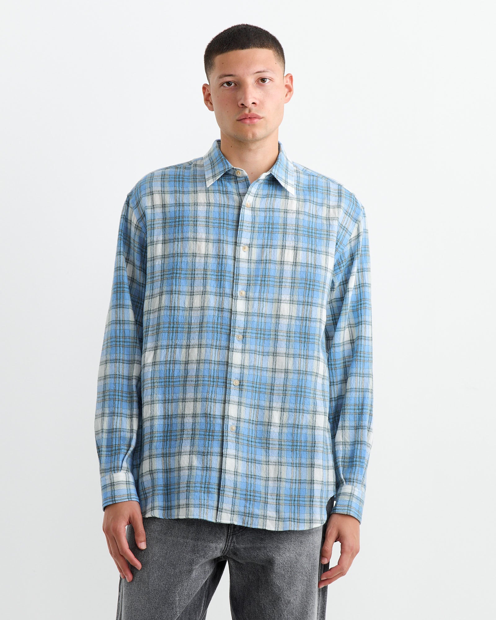 Airy Wool Check Shirt in Blue