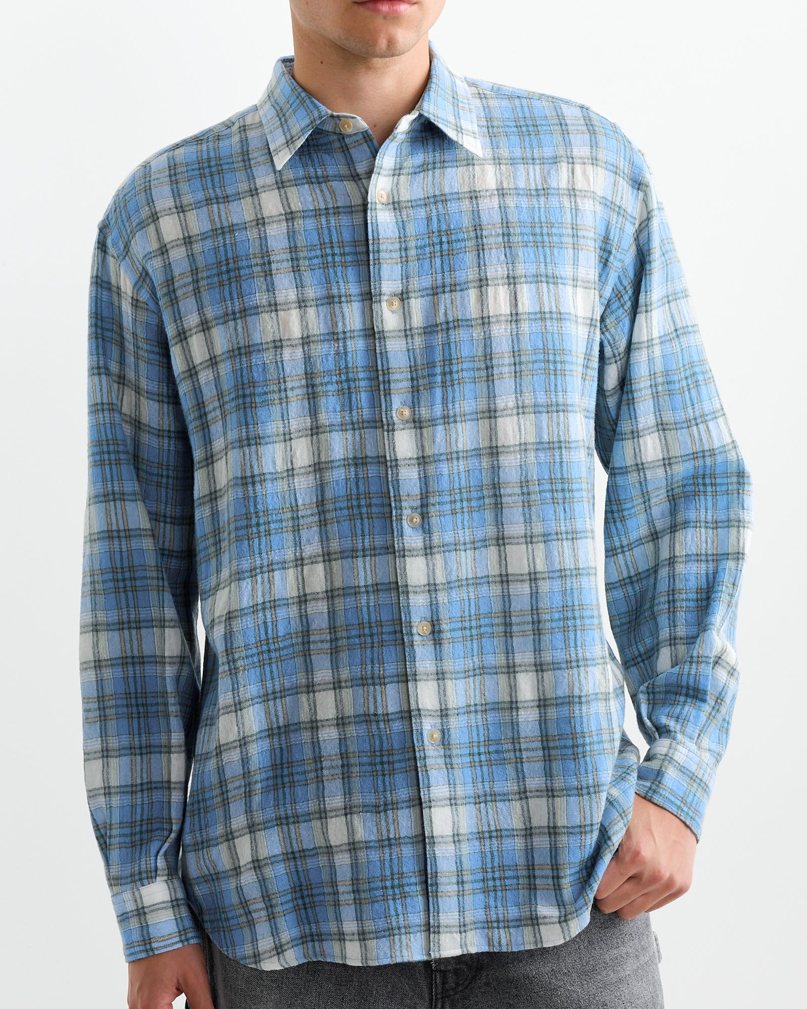 Airy Wool Check Shirt in Blue