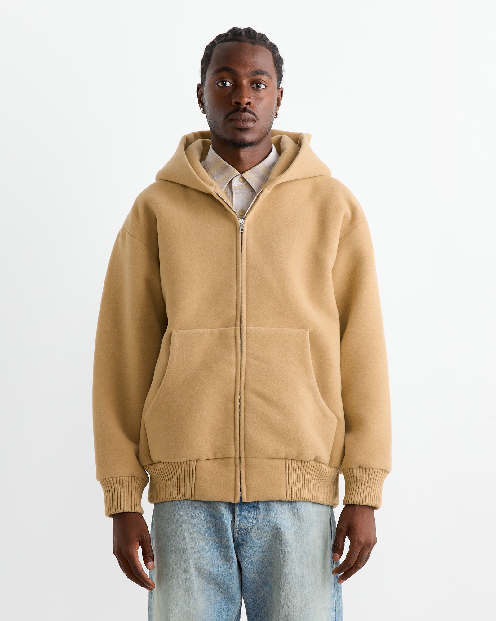 Heavy Wool Pile Zip Hoodie in Beige