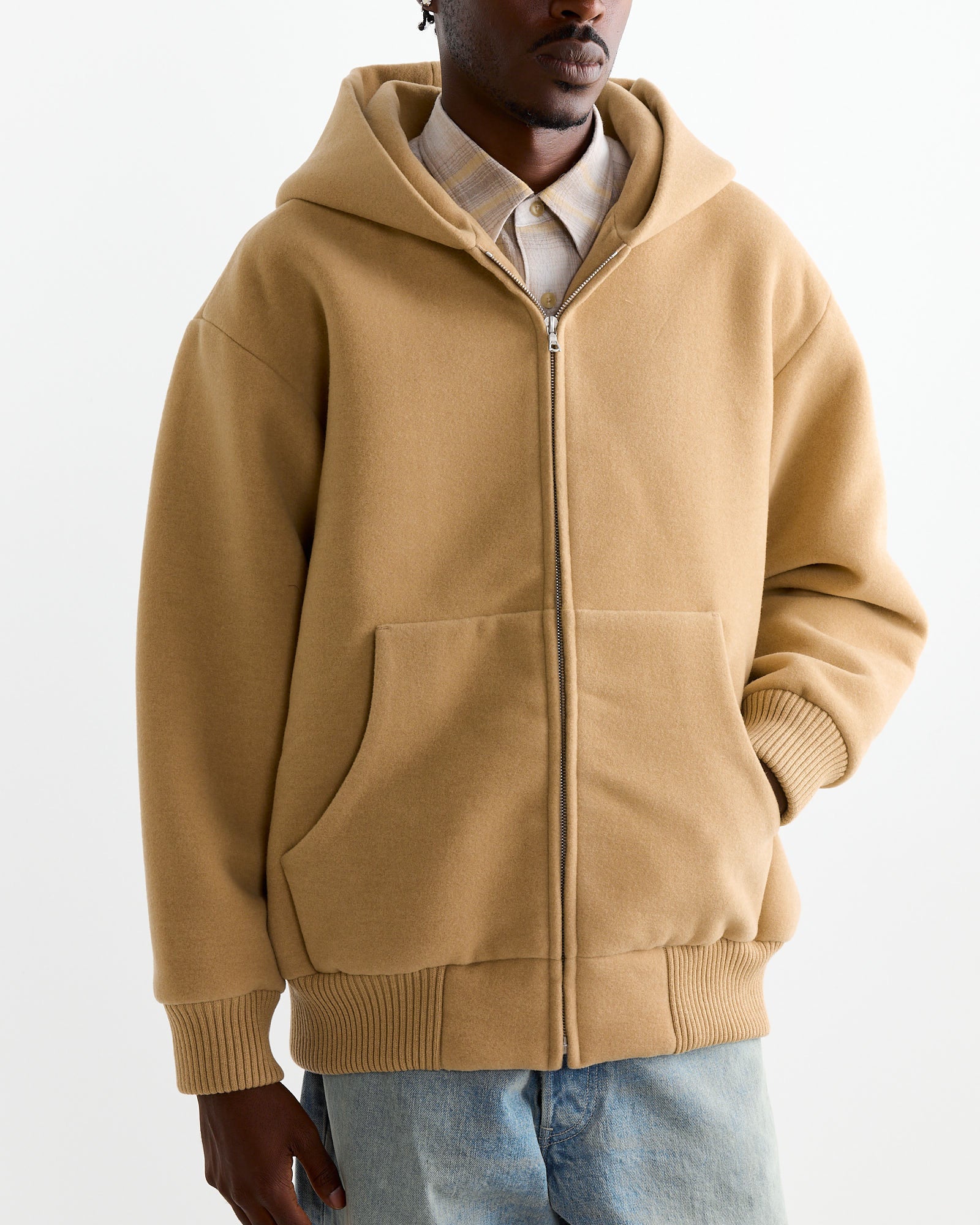 Heavy Wool Pile Zip Hoodie in Beige