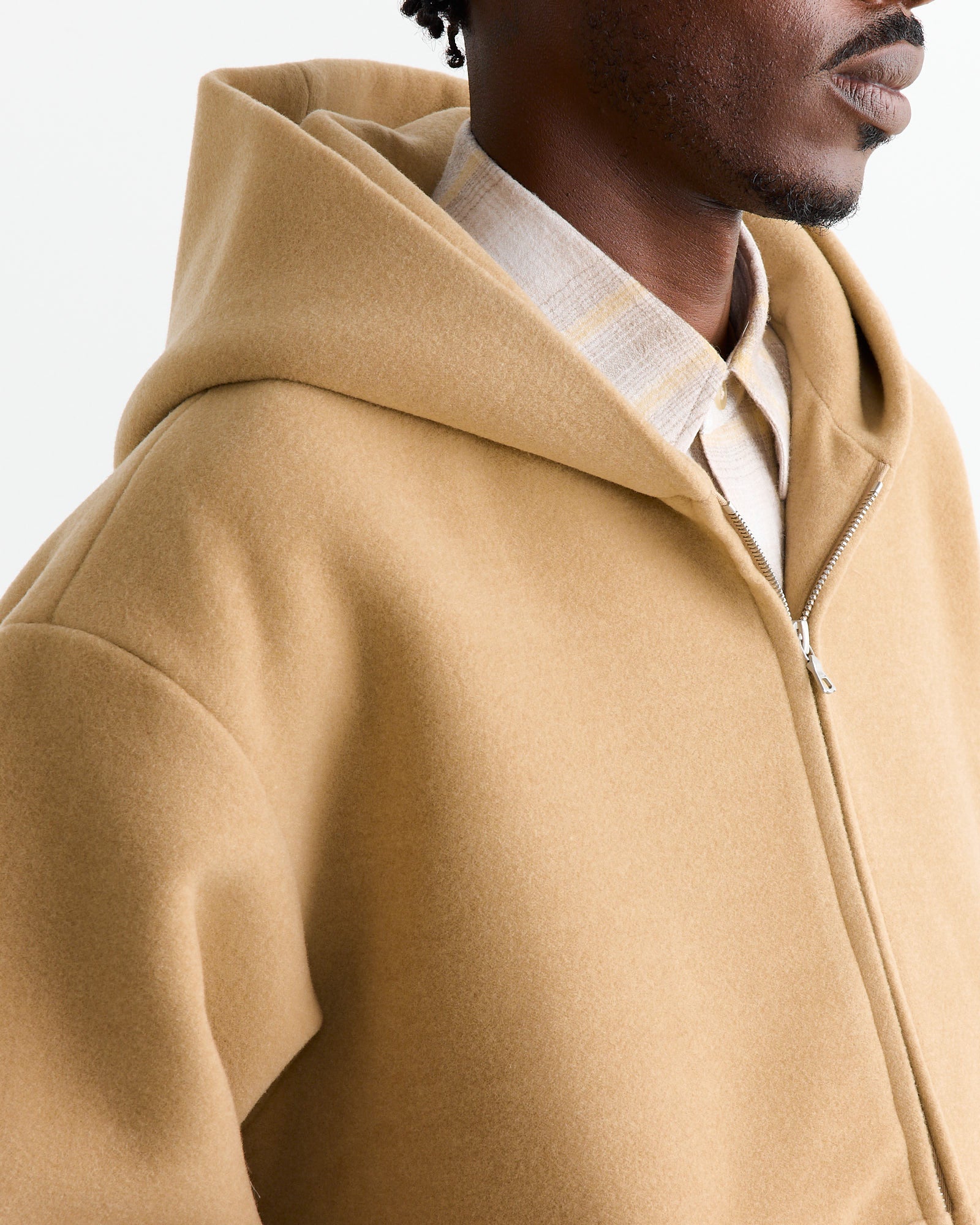 Heavy Wool Pile Zip Hoodie in Beige