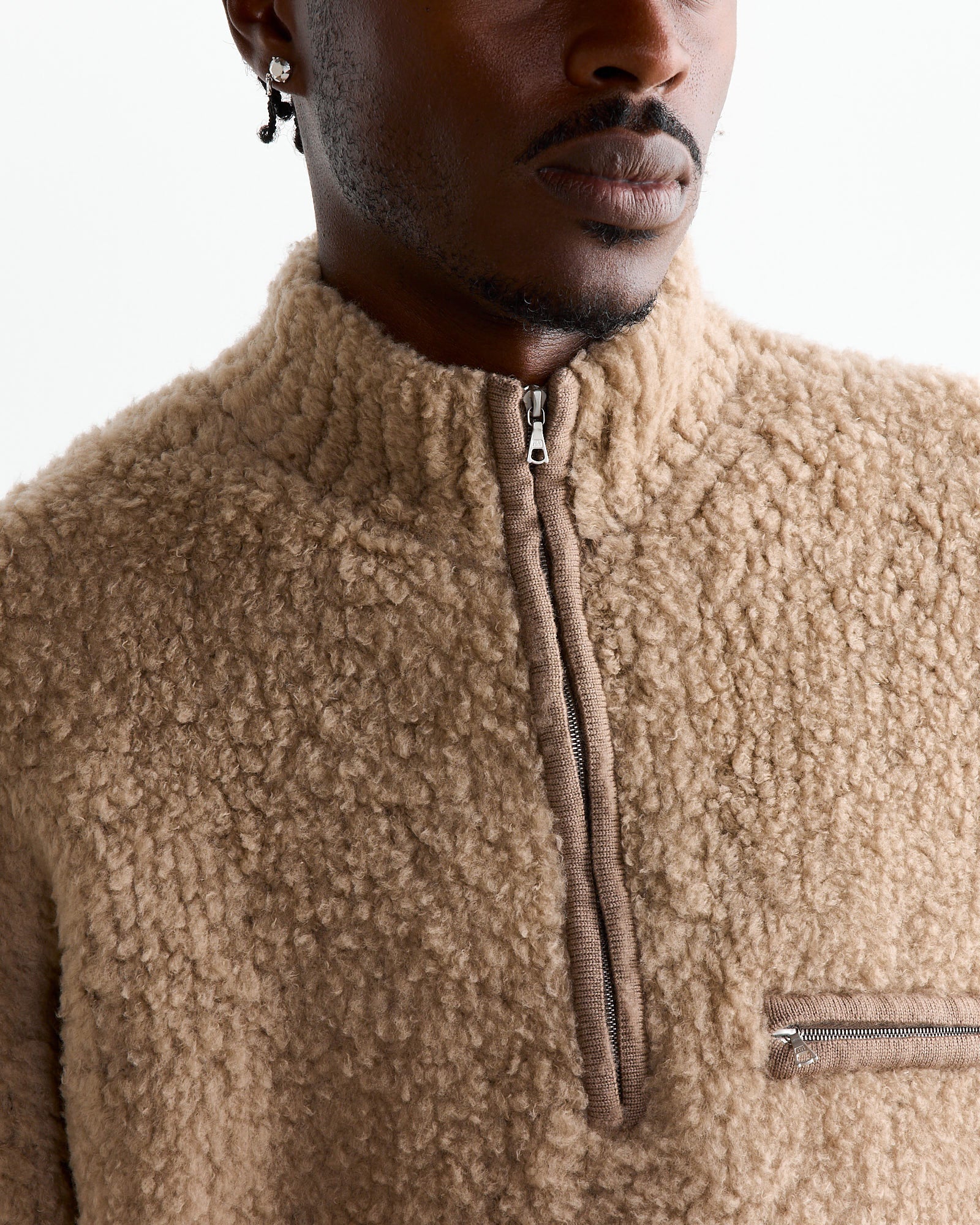 Merino Wool Boa Half Zip Pullover in Beige