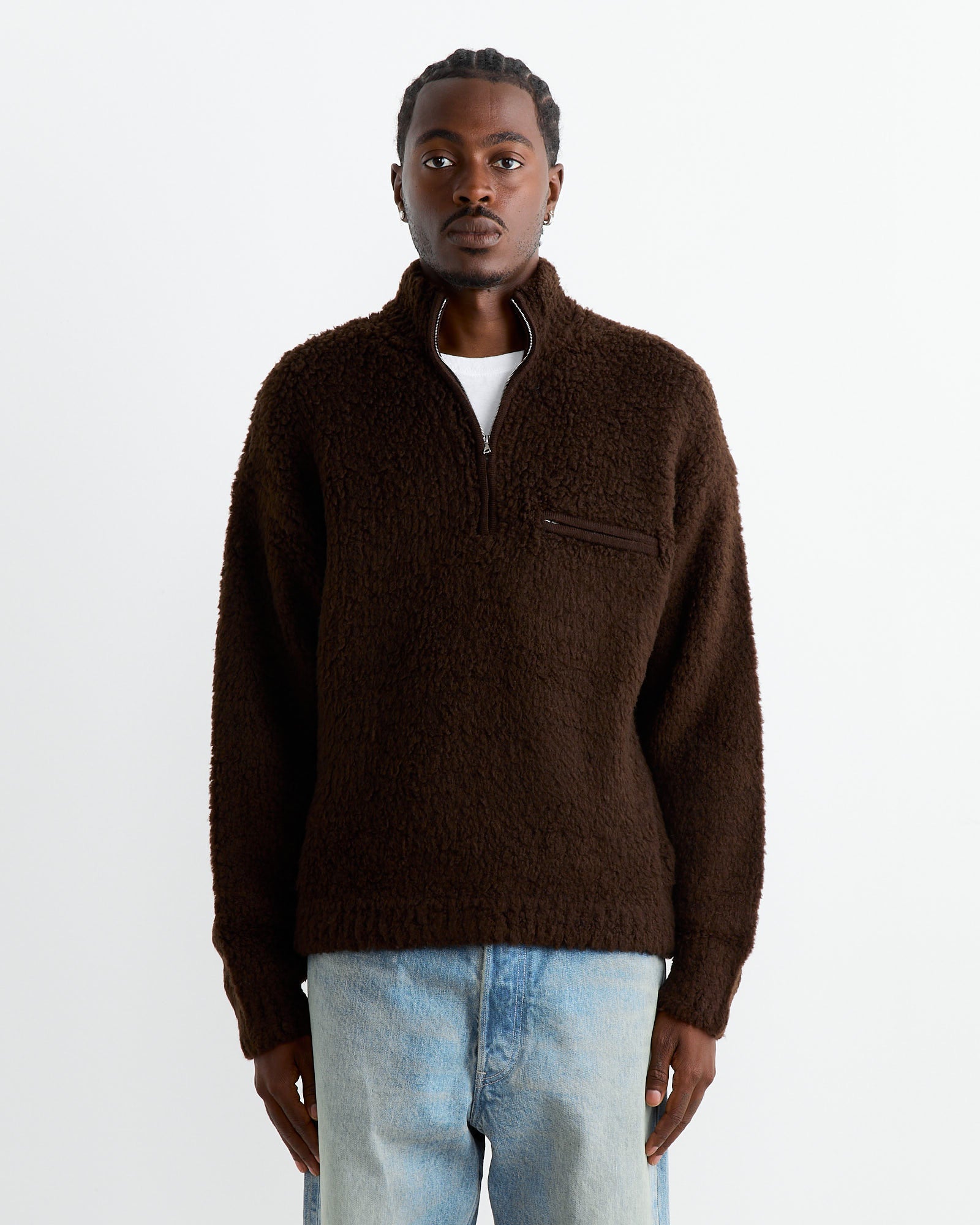 Merino Wool Boa Half Zip Pullover in Dark Brown