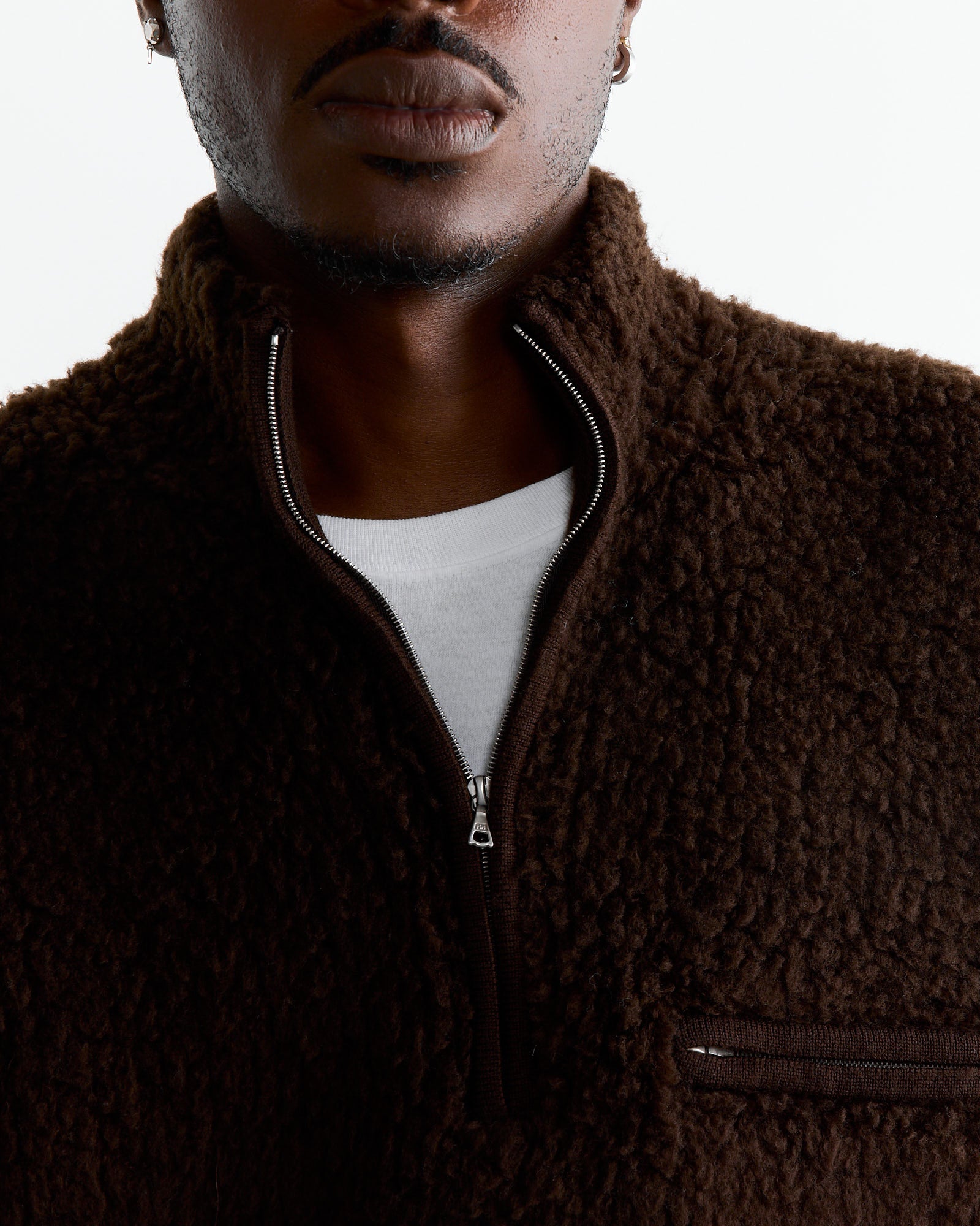 Merino Wool Boa Half Zip Pullover in Dark Brown