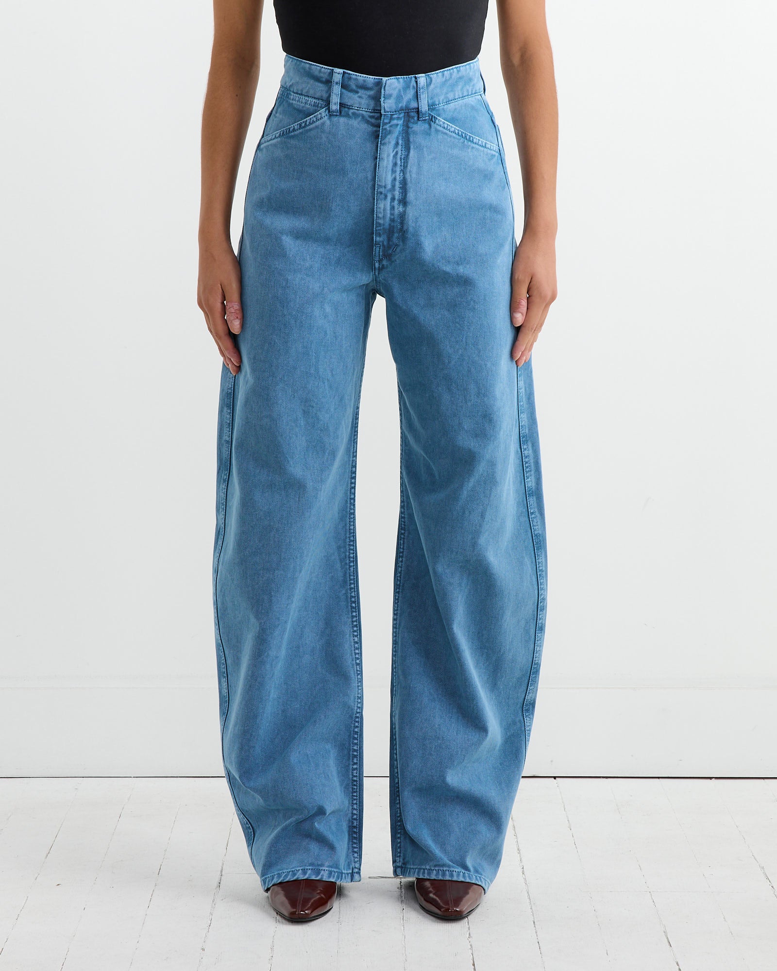 High Waisted Curved Denim Pant in Snow Blue