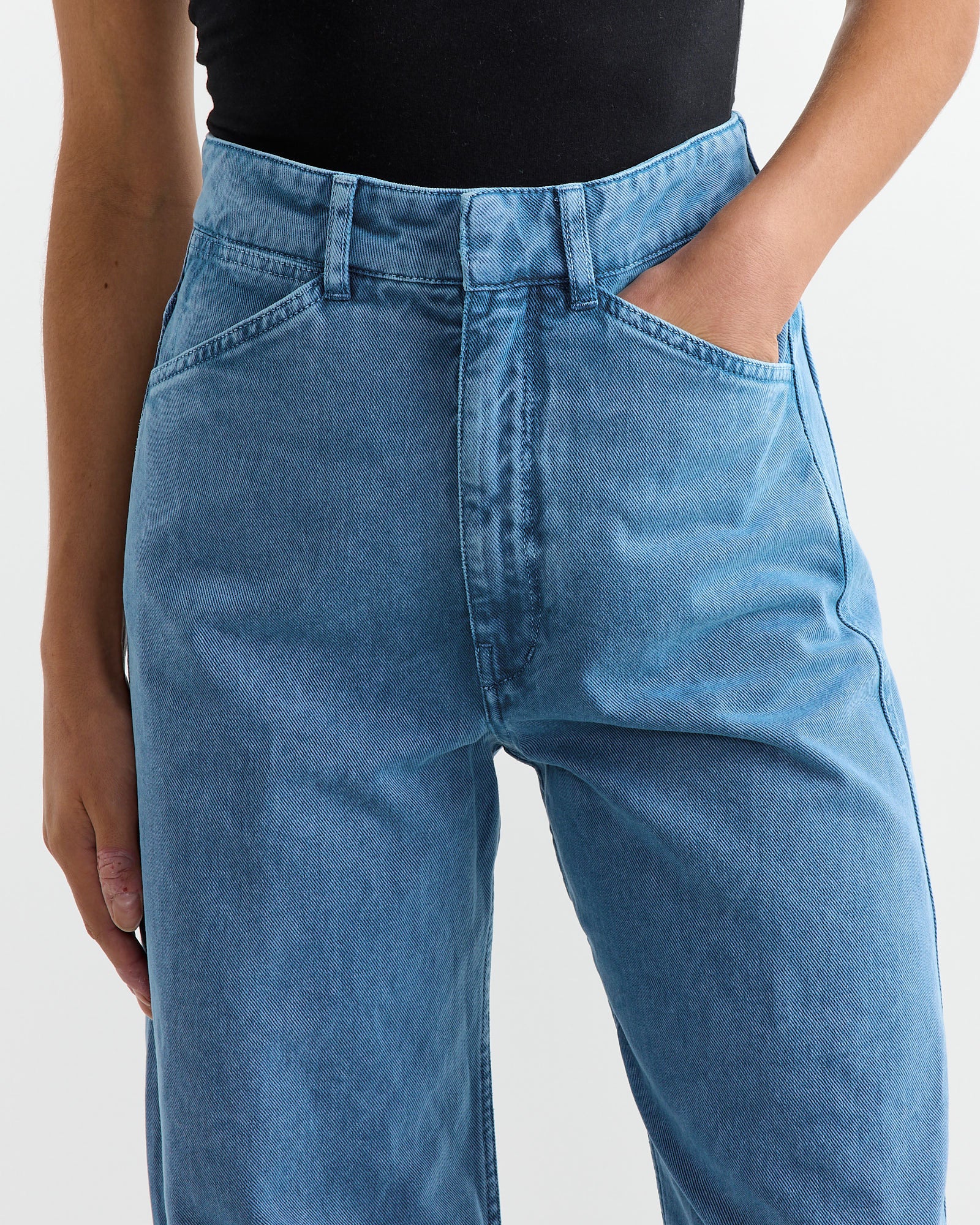 High Waisted Curved Denim Pant in Snow Blue