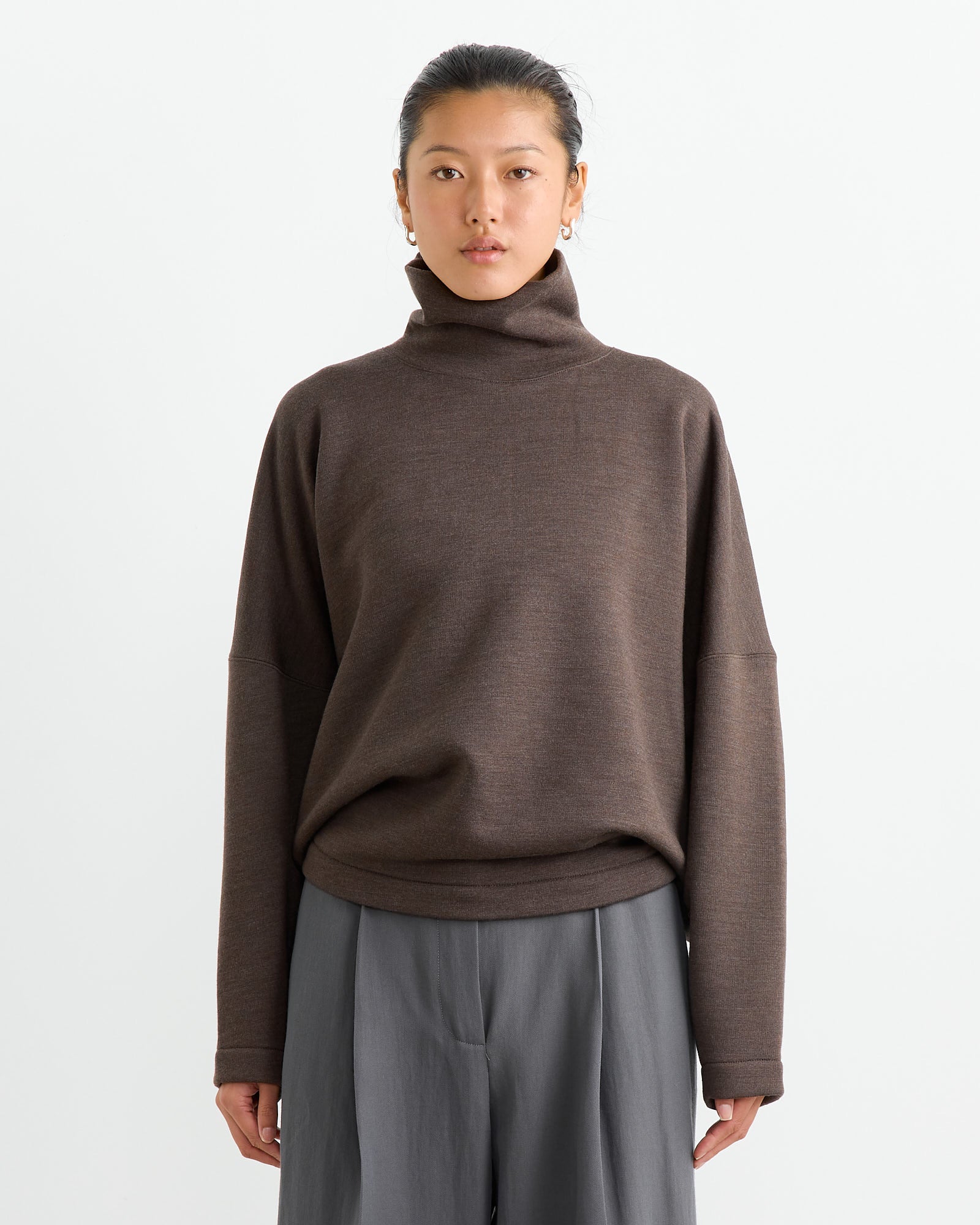 High Neck Sweatshirt in Dark Brown Melange